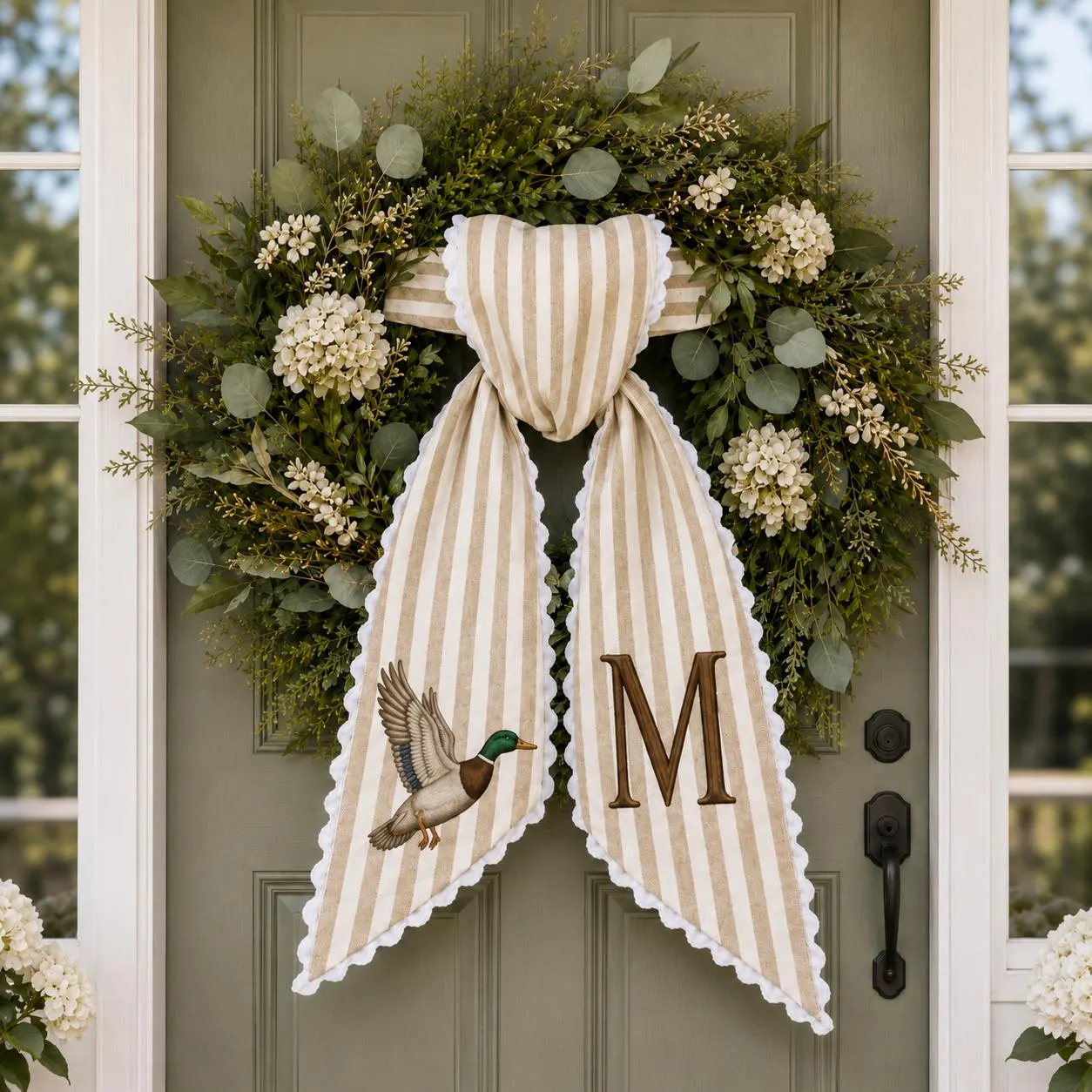 Personalized Duck Wreath Sash, Custom Embroidered Mallard Monogram Ribbon, Striped Door Hanger, Rustic Farmhouse Decor, Hunter Gift