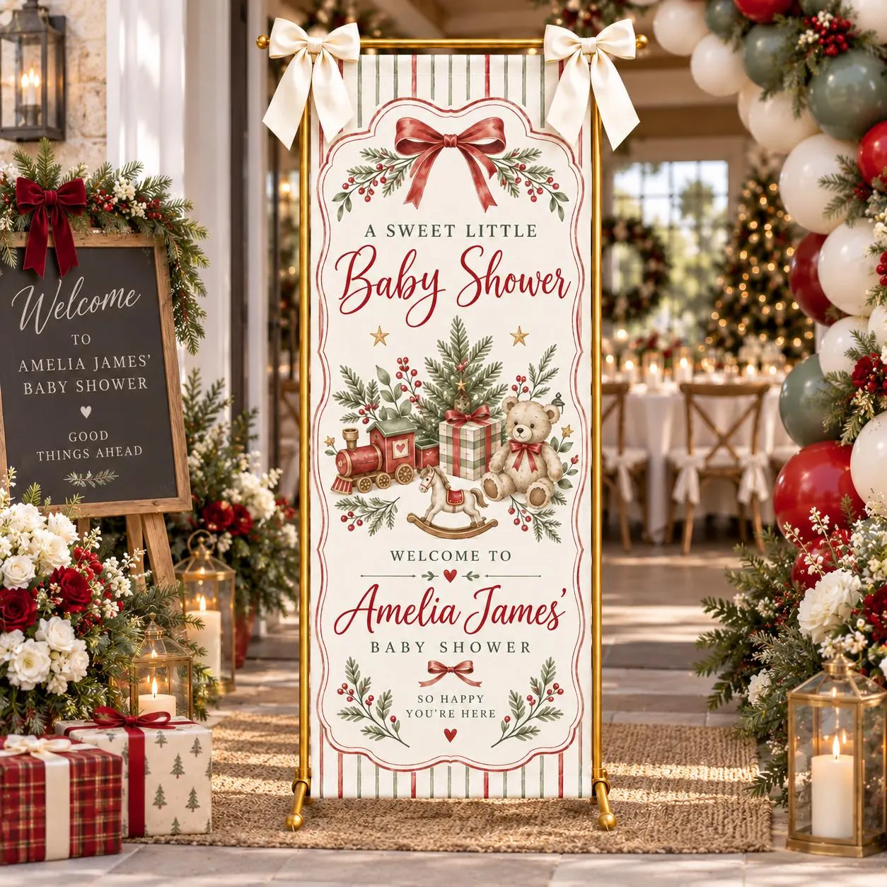 Christmas Baby Shower Banner, Personalized Welcome Sign, Teddy Bear Red Bow Decor, Vintage Toy Train, Winter Fabric Party Backdrop