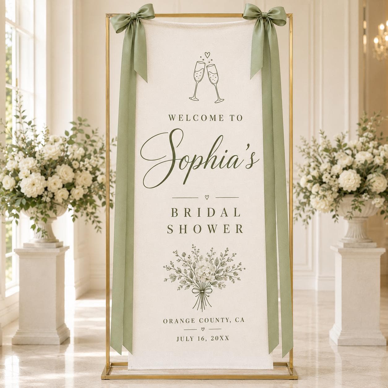 Personalized Sage Bridal Shower Banner, Custom Bride Welcome Sign with Name Location Date, Elegant Champagne Fabric Backdrop Decor - image 5