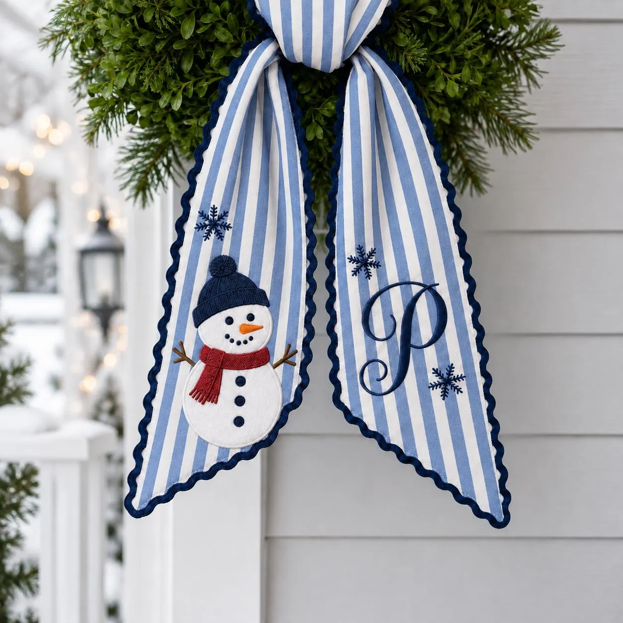 Personalized Snowman Embroidered Wreath Sash, Blue Stripe Christmas Door Decor, Monogram Winter Holiday Bow, Custom Initial Gift
