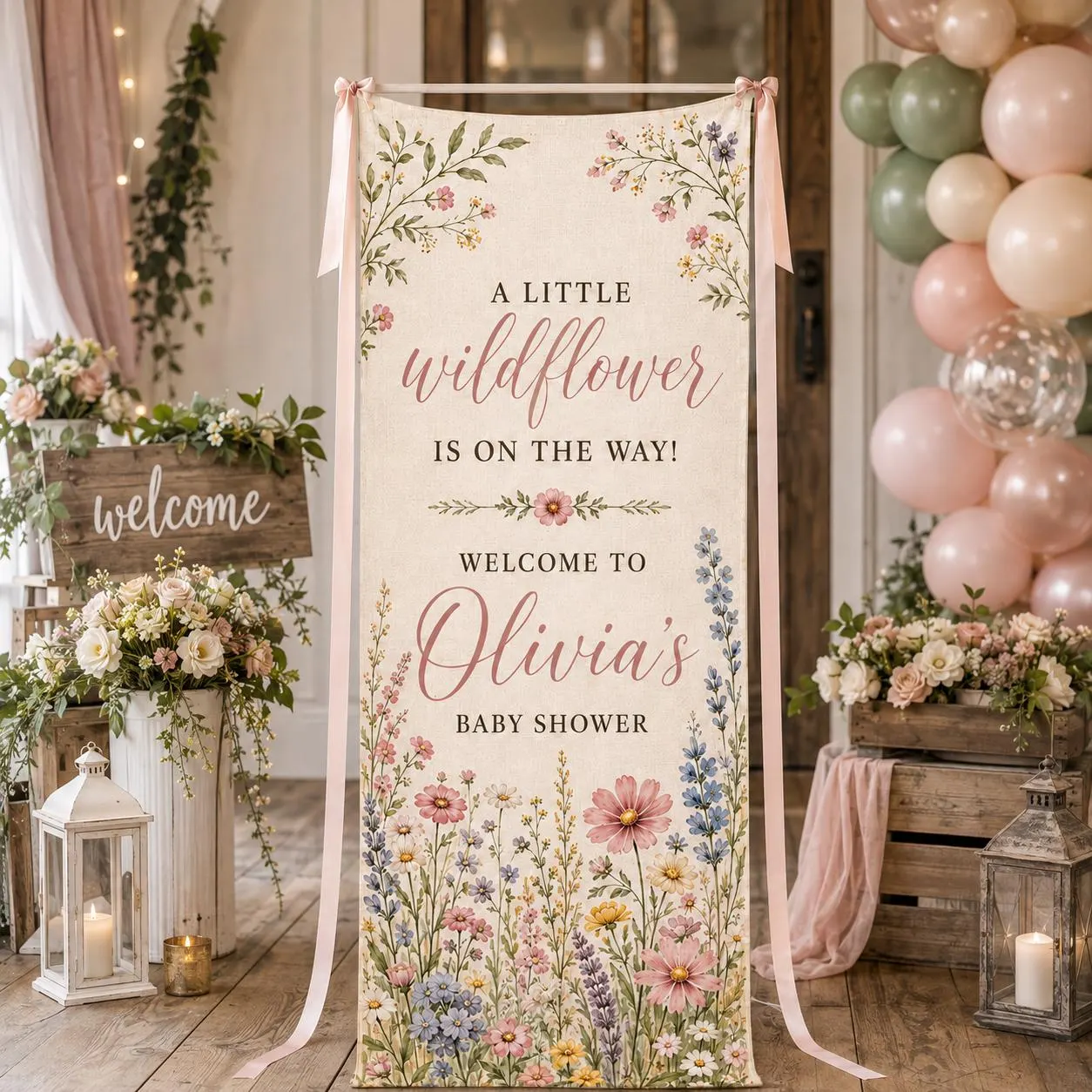 Personalized Wildflower Baby Shower Banner, Floral Welcome Sign, Boho Girl Party Backdrop, Custom Name Decor, Garden Celebration - image 4