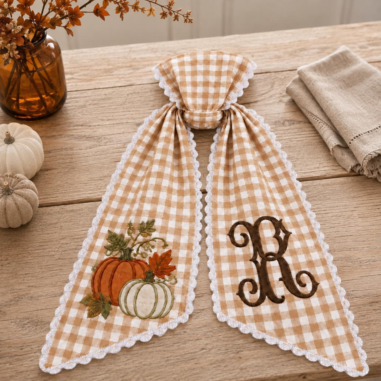 Personalized Pumpkin Embroidered Sash, Beige Gingham Monogram Bow, Custom Initial Fall Door Decor, Autumn Wreath Accent, Thanksgiving Gift - image 4
