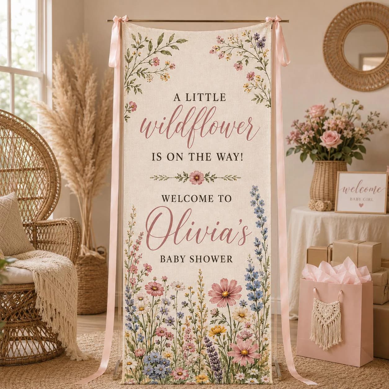 Personalized Wildflower Baby Shower Banner, Floral Welcome Sign, Boho Girl Party Backdrop, Custom Name Decor, Garden Celebration
