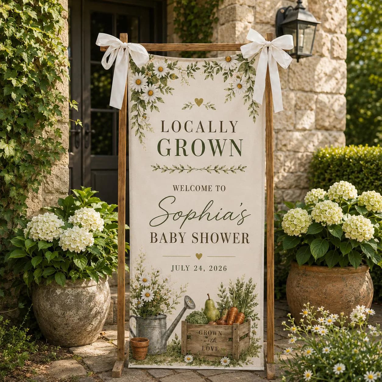 Locally Grown Baby Shower Banner, Custom Garden Vegetable Welcome Sign, Floral Farmhouse Party Backdrop, Personalized Rustic Baby Decor Sign