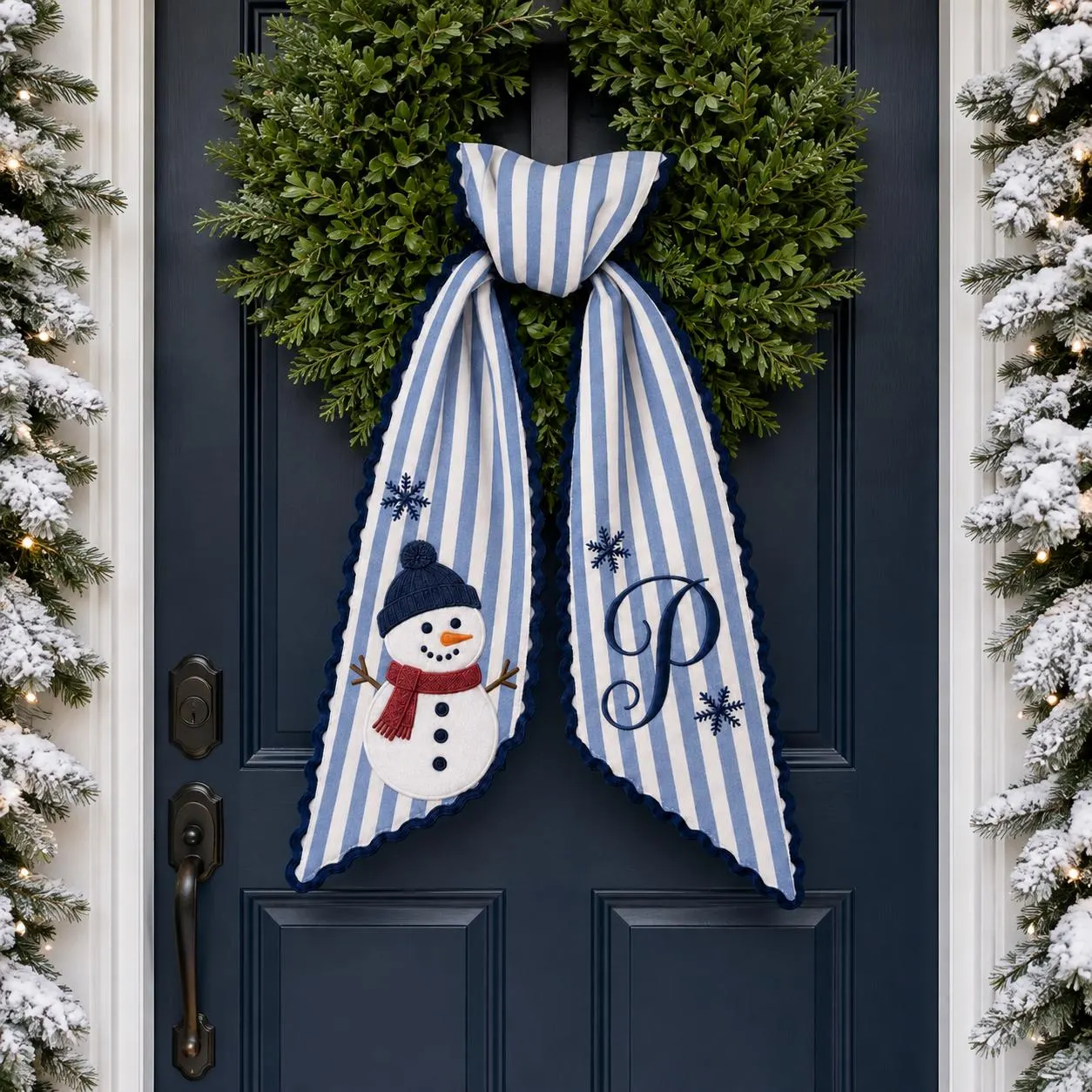 Personalized Snowman Embroidered Wreath Sash, Blue Stripe Christmas Door Decor, Monogram Winter Holiday Bow, Custom Initial Gift - image 5