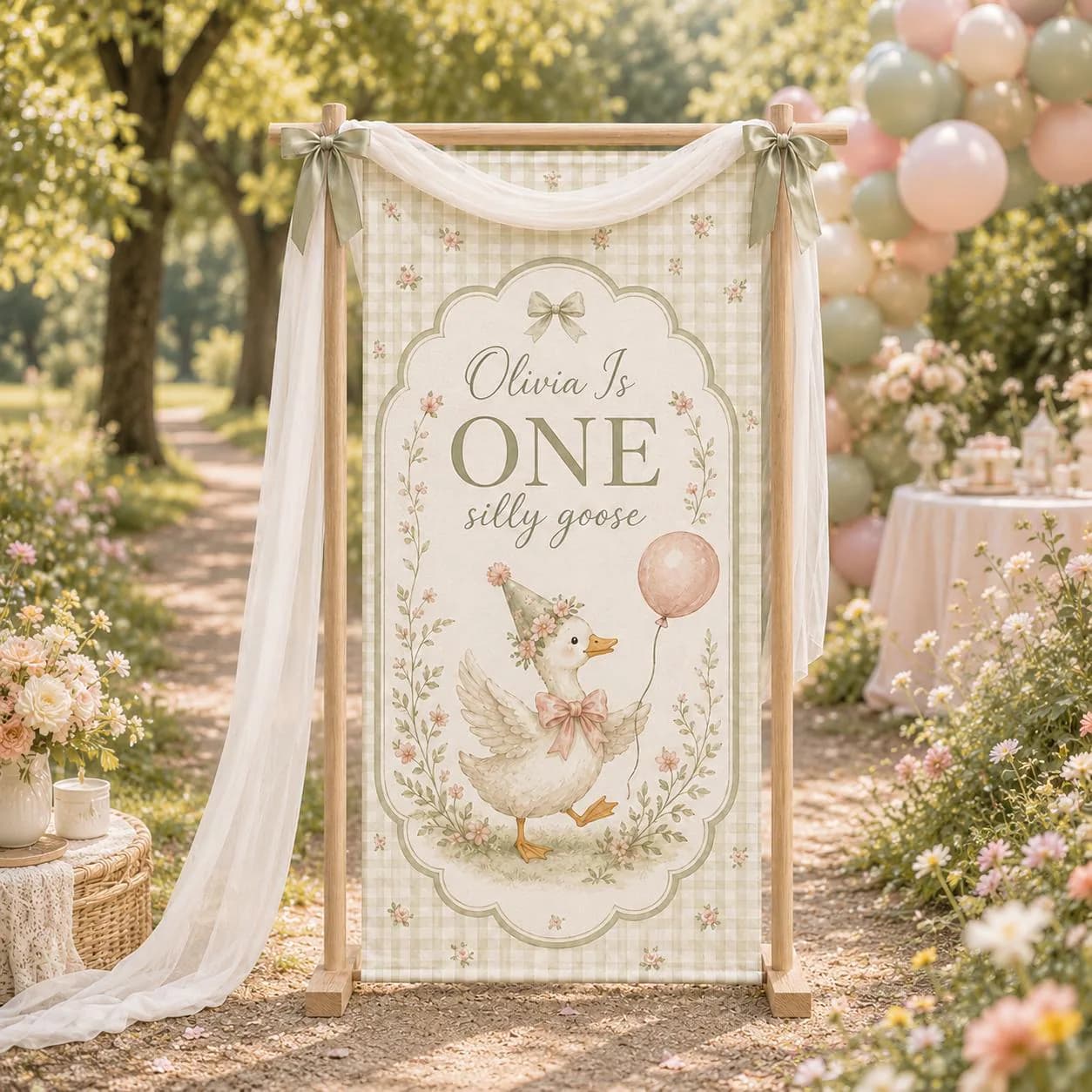 Custom Silly Goose First Birthday Banner, Personalized One Year Old Party Backdrop, Floral Gingham Duck Fabric Sign with Name - image 5