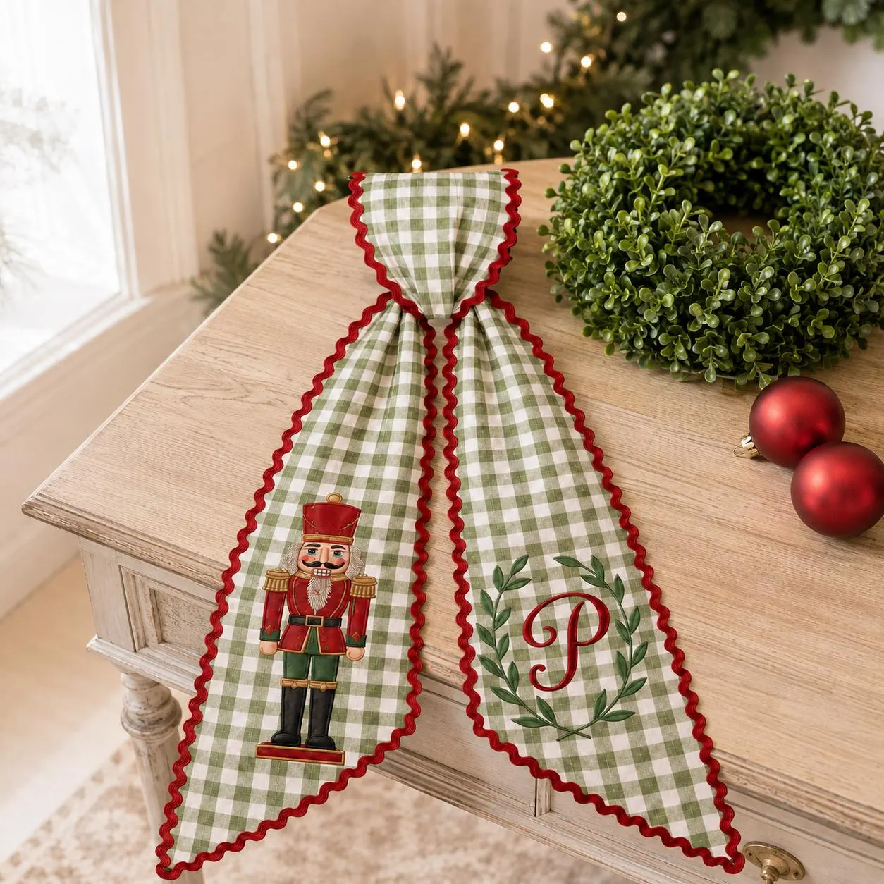 Personalized Christmas Wreath Sash, Embroidered Nutcracker Monogram Bow, Green Gingham Holiday Door Decor, Custom Initial Winter Gift