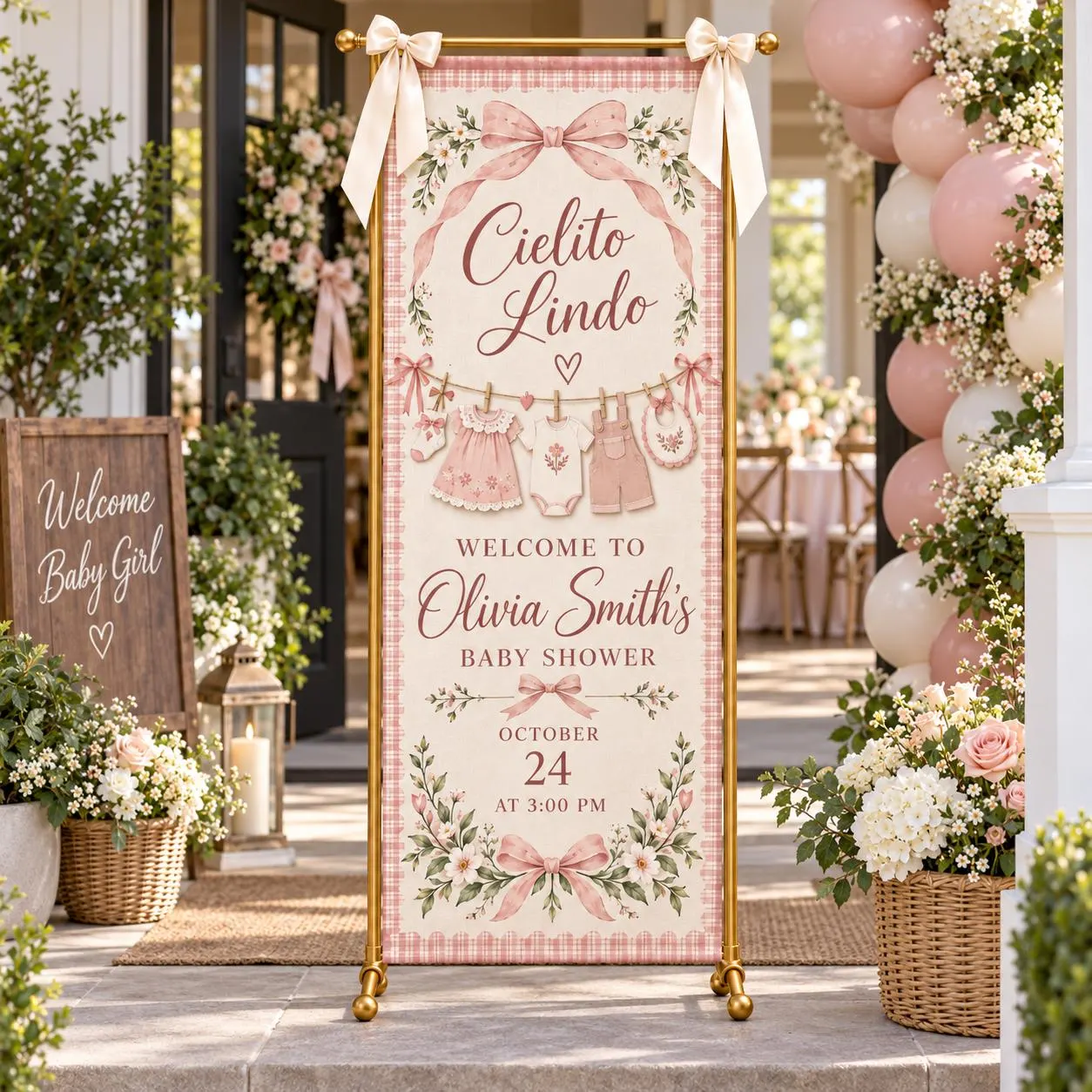 Cielito Lindo Baby Shower Banner, Personalized Girl Welcome Sign, Pink Bow Floral Decor, Gingham Fabric Backdrop, Sweet Clothesline Theme - image 5