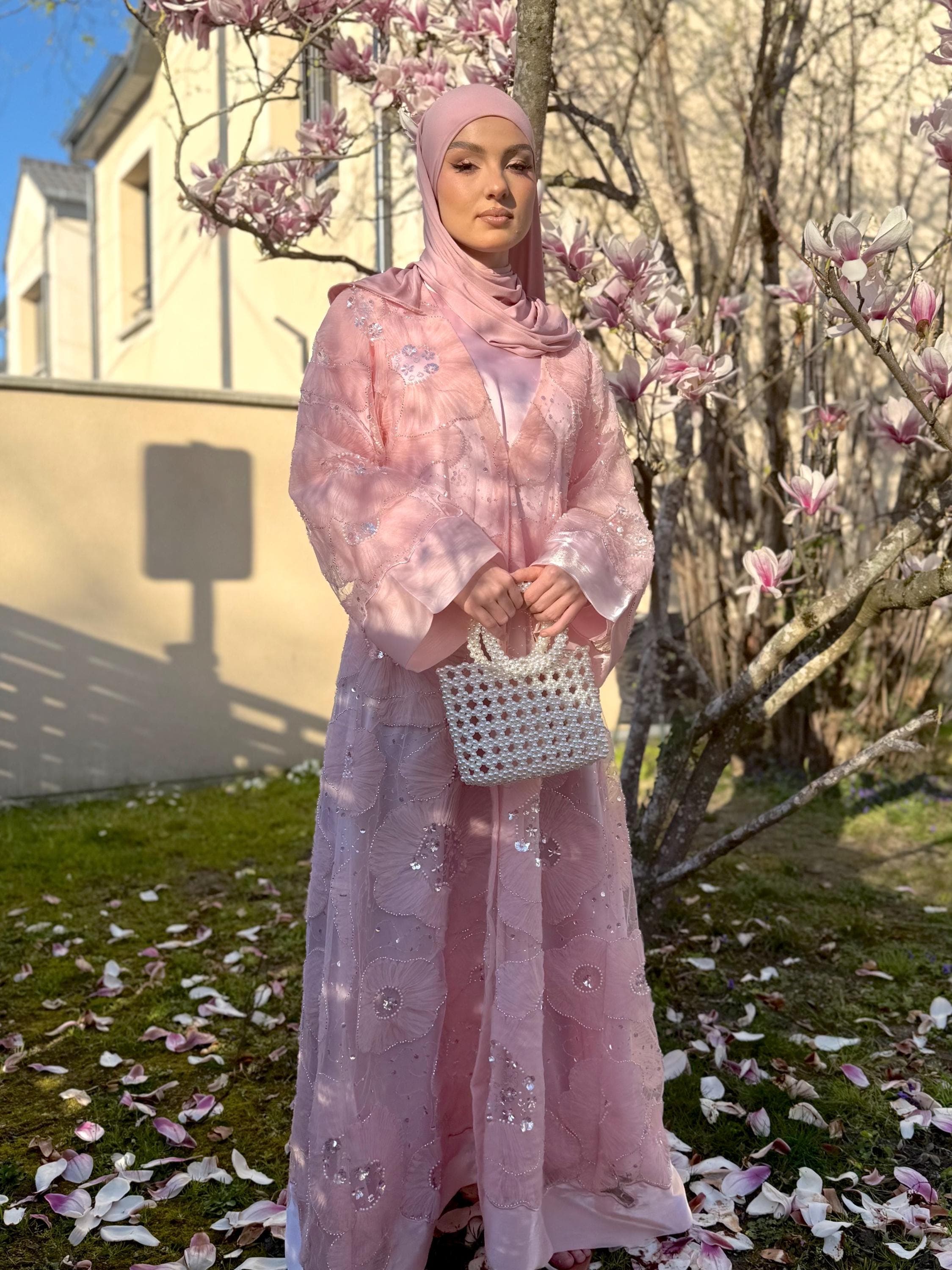 Luxury Blush Pink Floral Abaya – Modest Fashion Eid Dress, Elegant Wedding Guest Abaya, Modest Evening Dress