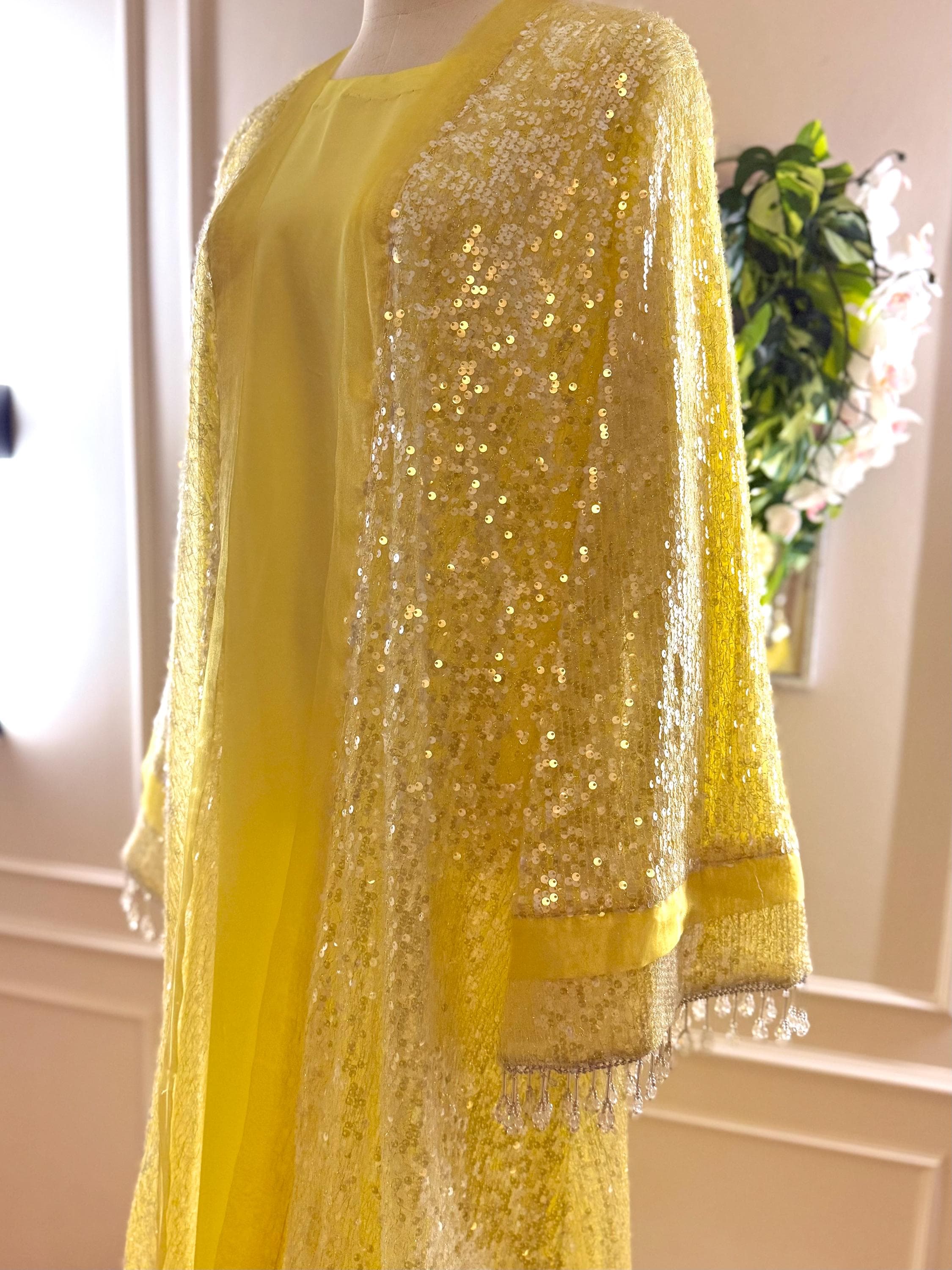 Yellow Luxury Abaya with Pearl Sleeves – Elegant Eid Outfit – Flowy Modest Maxi Kimono – Wedding Dress - image 3