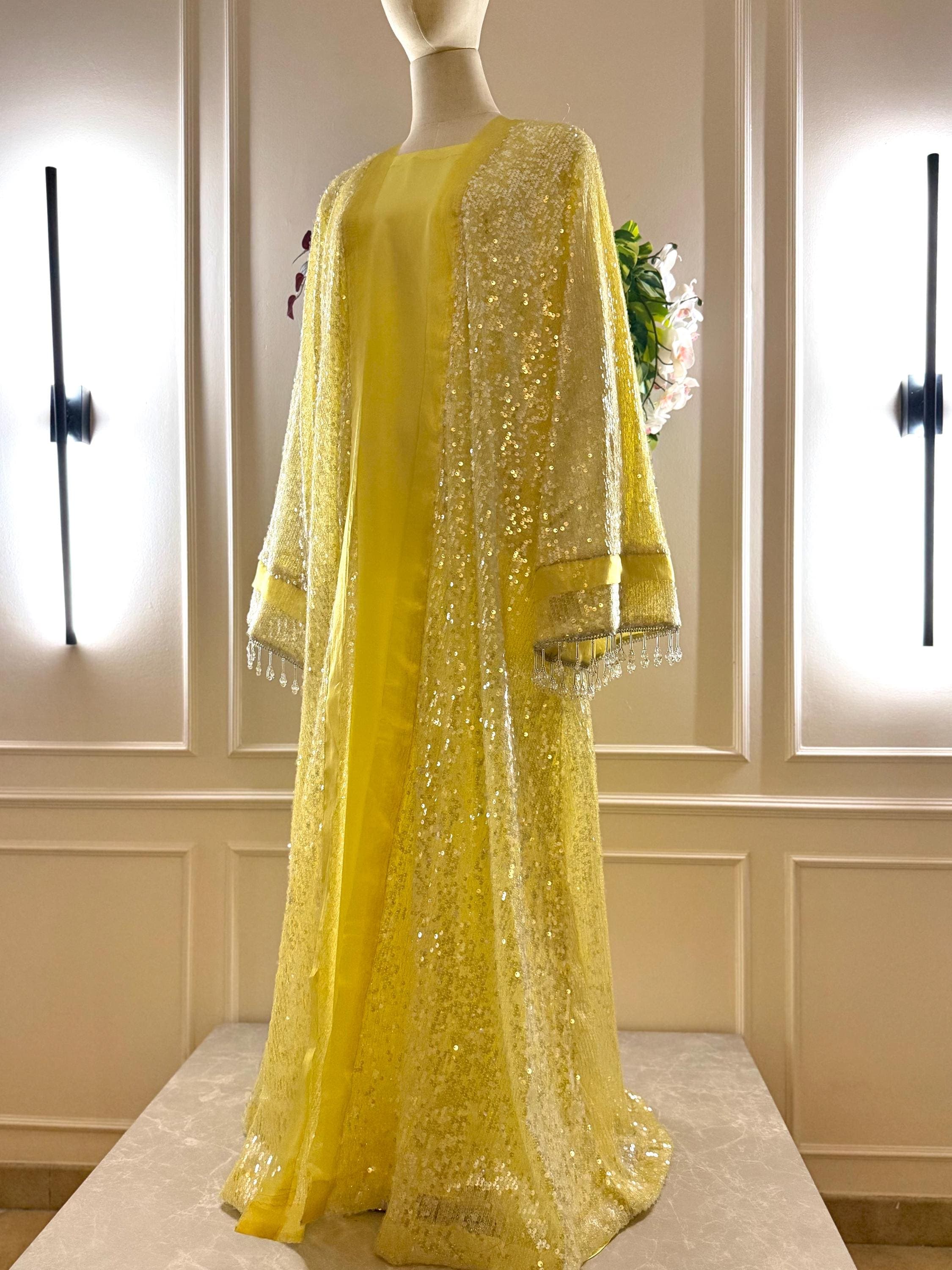 Yellow Luxury Abaya with Pearl Sleeves – Elegant Eid Outfit – Flowy Modest Maxi Kimono – Wedding Dress