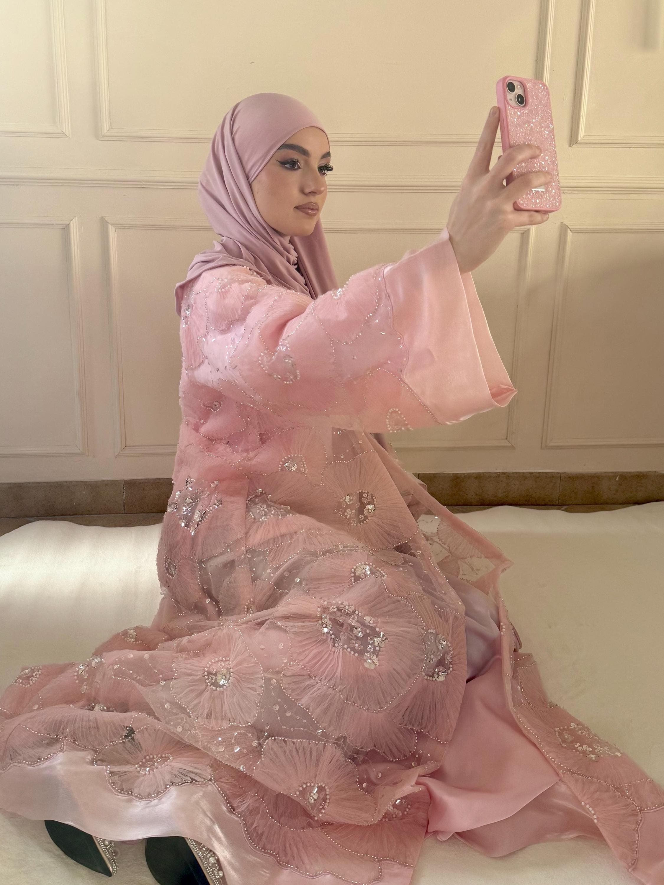 Luxury Blush Pink Floral Abaya – Modest Fashion Eid Dress, Elegant Wedding Guest Abaya, Modest Evening Dress - image 5