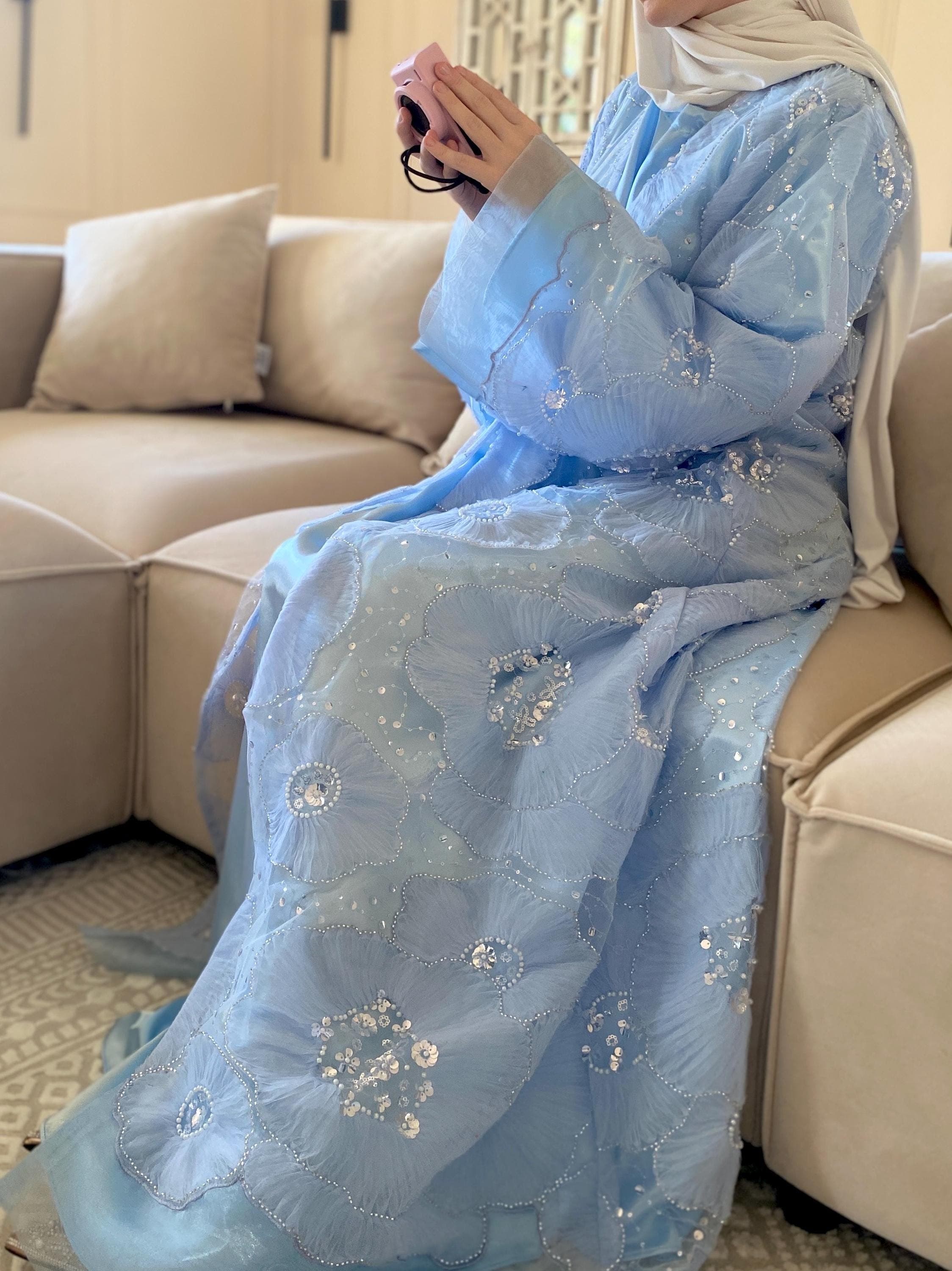 Luxury Blue Floral Abaya – 3D Embroidery Modest Dress, Elegant Eid Abaya, Modest Fashion Wedding Guest Dress
