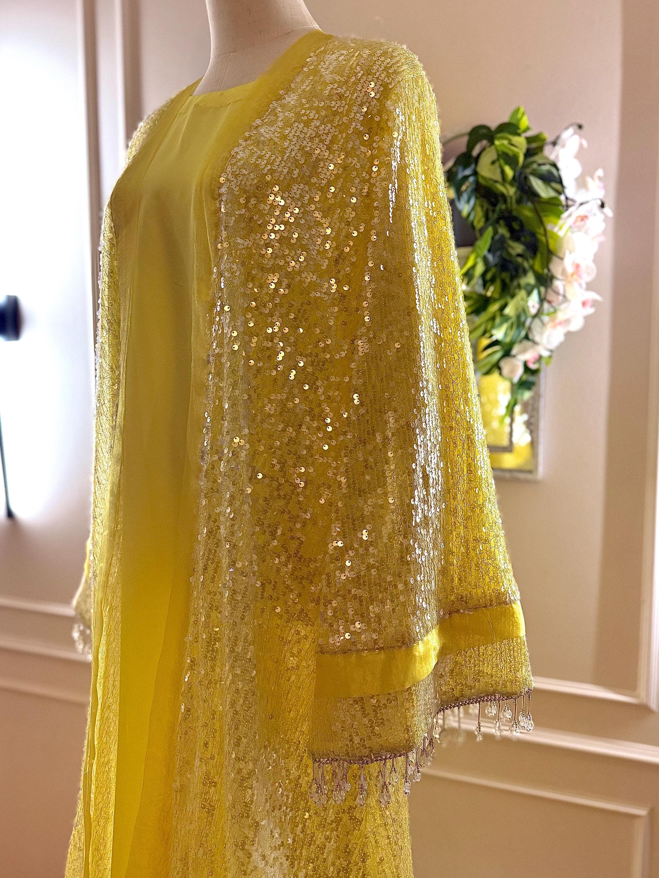 Yellow Luxury Abaya with Pearl Sleeves – Elegant Eid Outfit – Flowy Modest Maxi Kimono – Wedding Dress - image 4