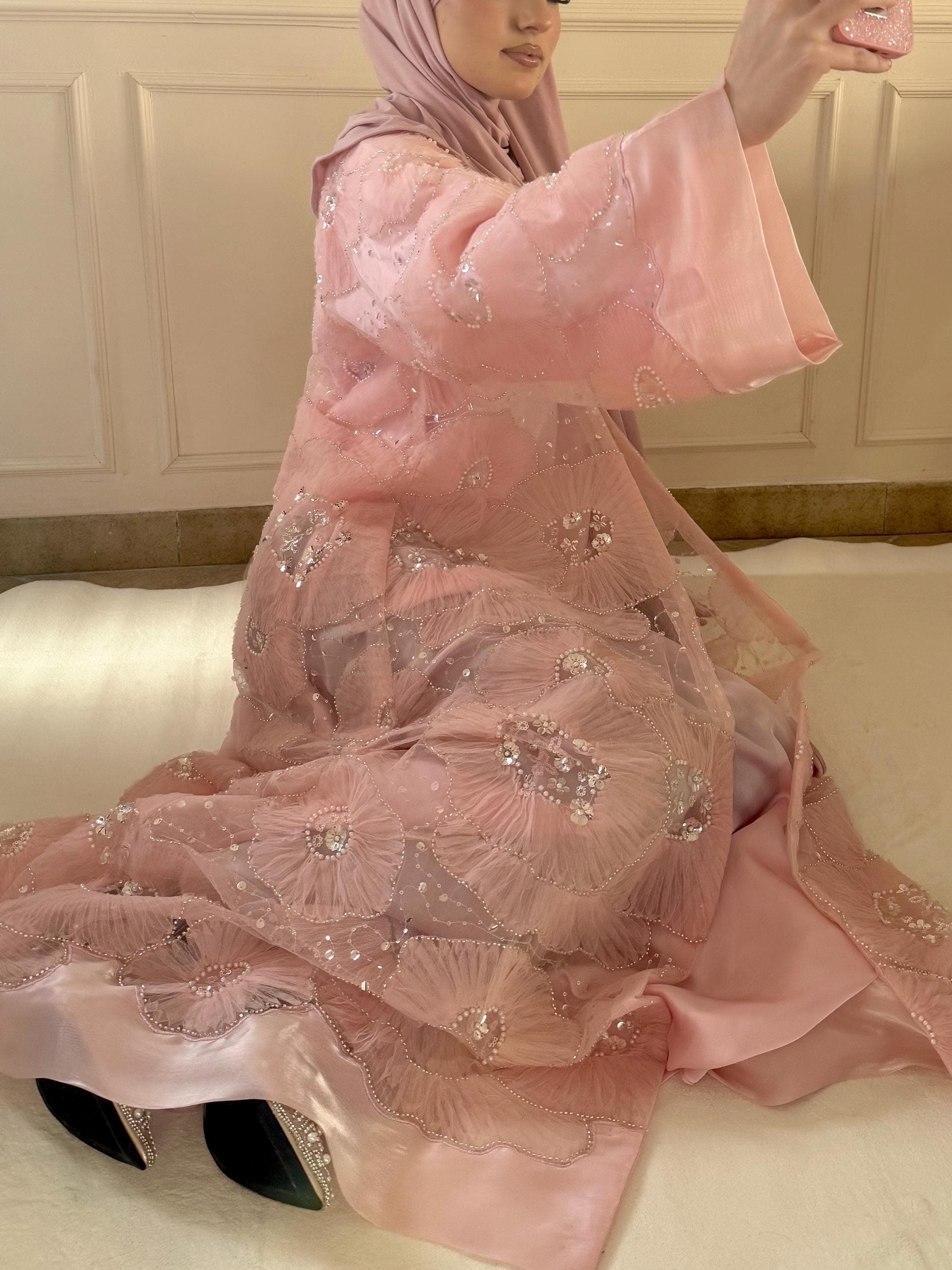 Luxury Blush Pink Floral Abaya – Modest Fashion Eid Dress, Elegant Wedding Guest Abaya, Modest Evening Dress - image 4