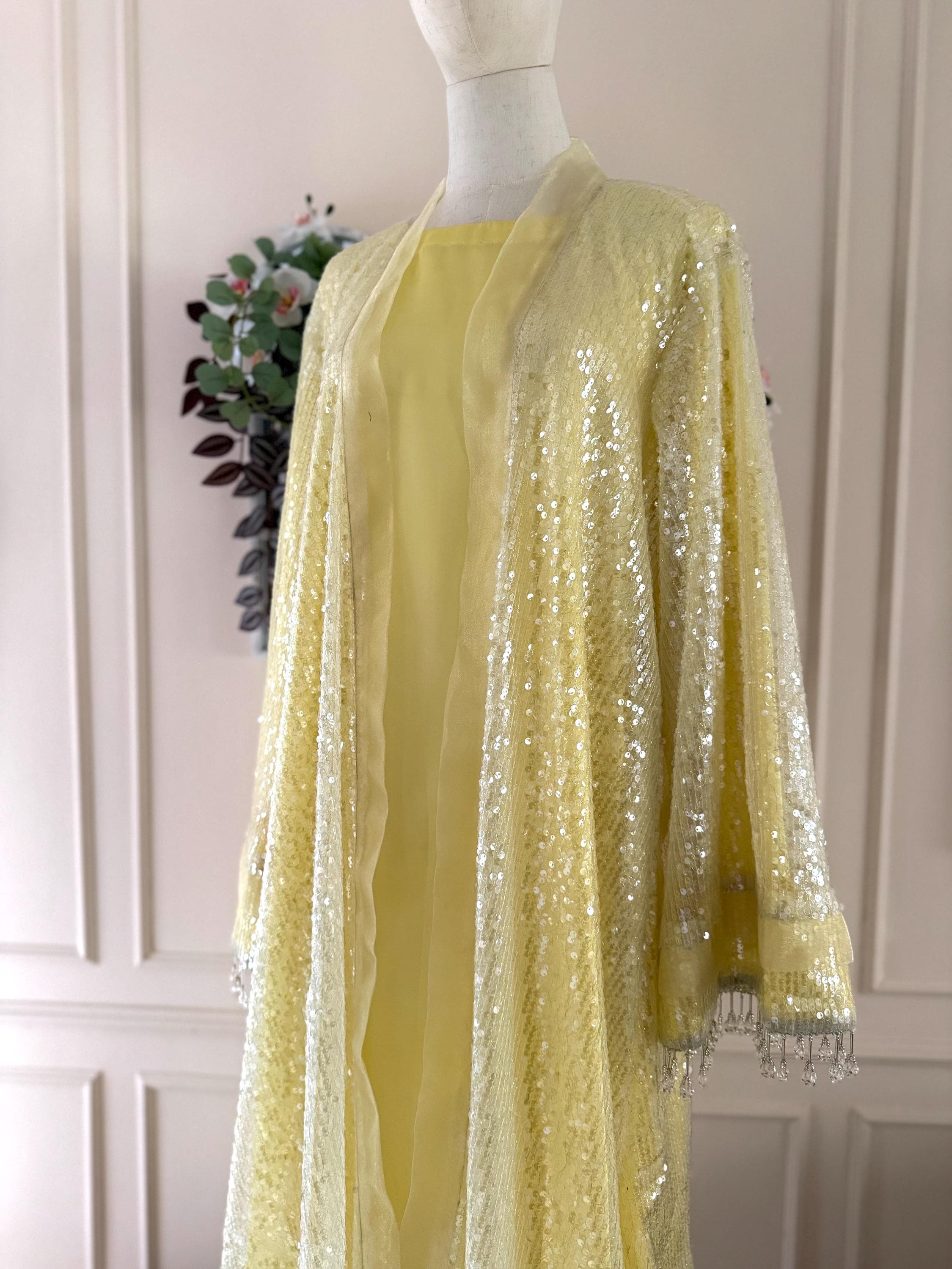 Pastel Yellow Luxury Abaya with Pearl Sleeves – Elegant Eid Dress  – Modest Maxi Kimono – Special Occasion Wear - Dubai Style - image 5