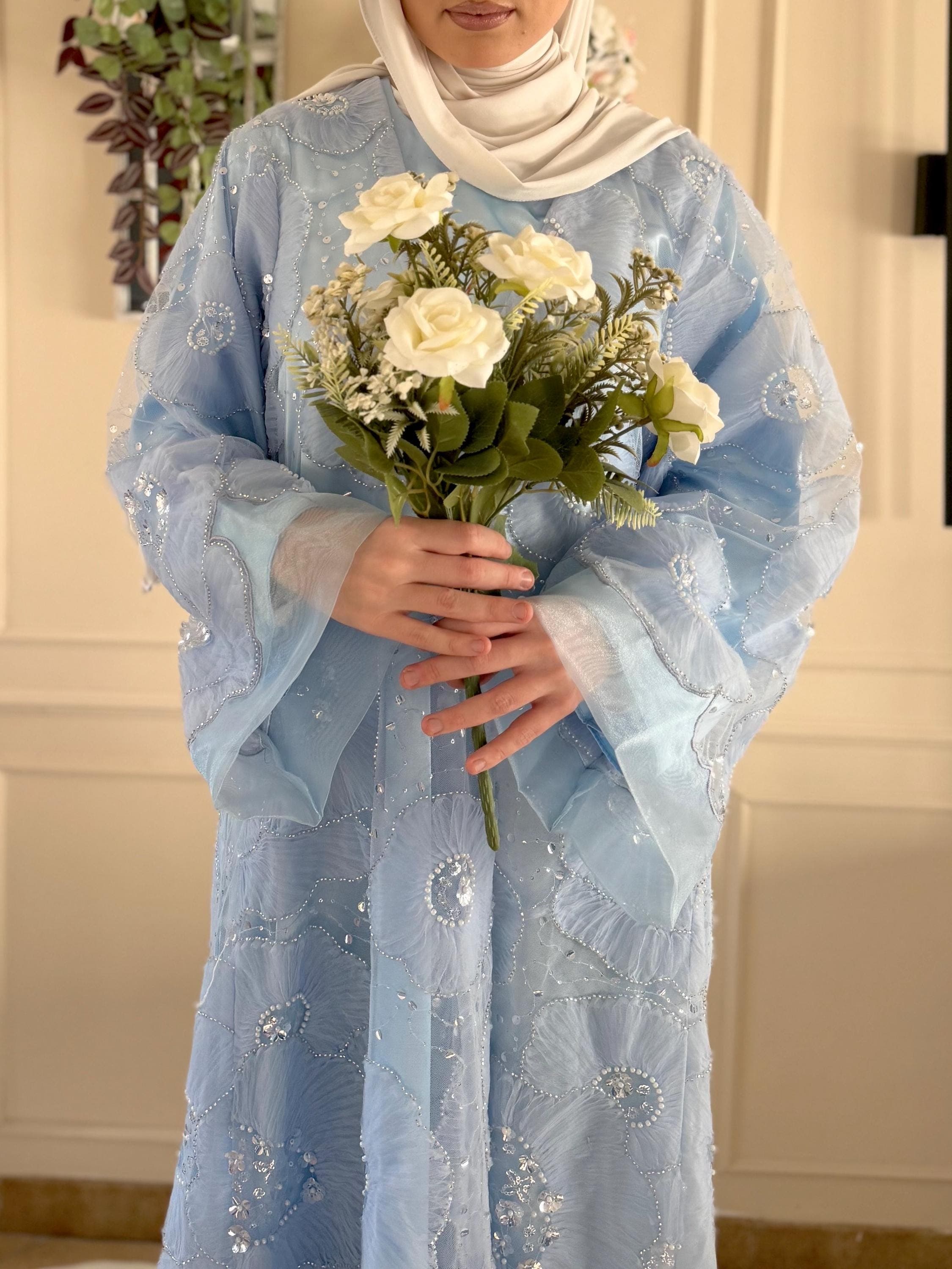 Luxury Blue Floral Abaya – 3D Embroidery Modest Dress, Elegant Eid Abaya, Modest Fashion Wedding Guest Dress - image 3