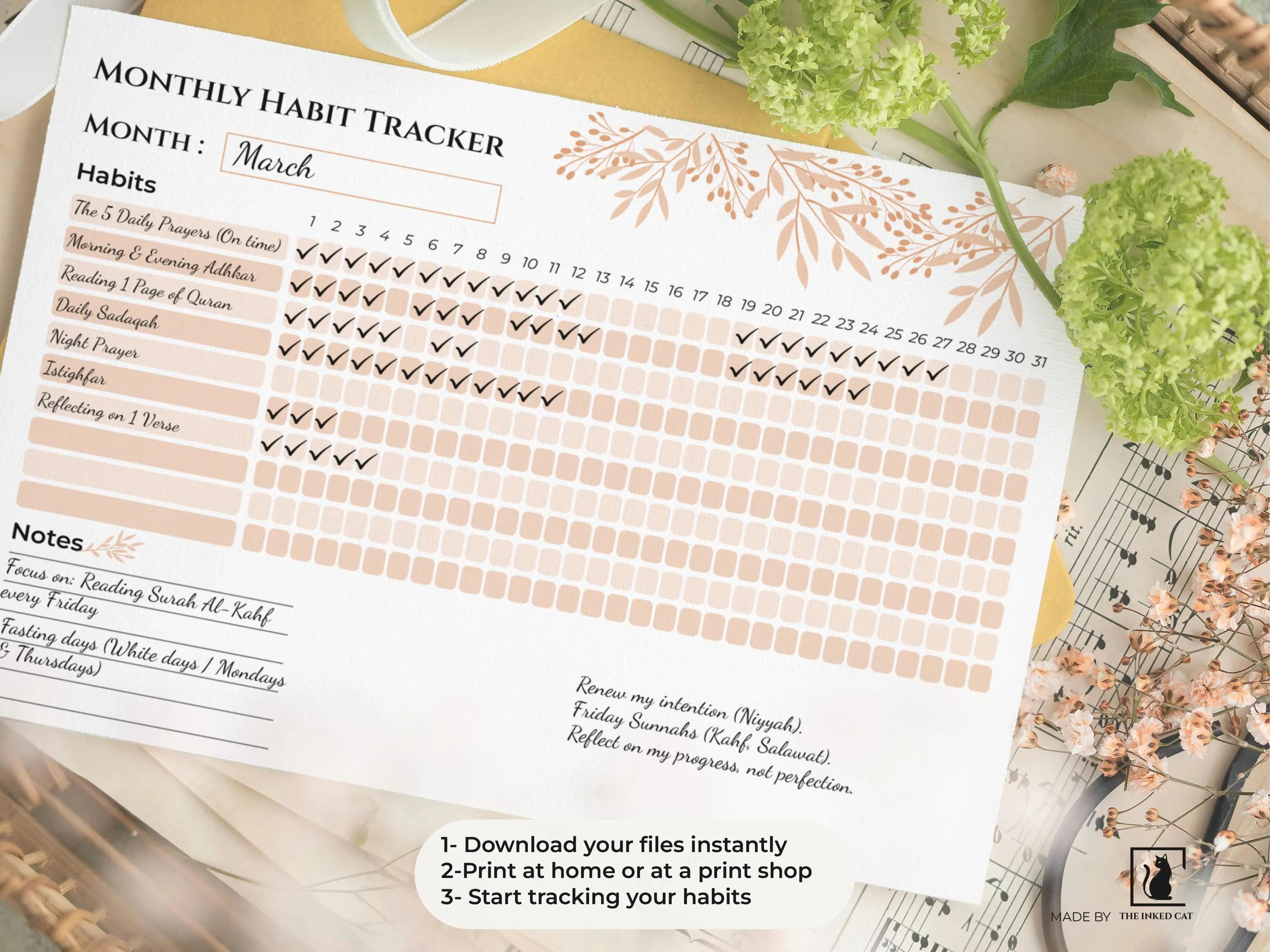 Islamic Habit Tracker Printable - 31 Days of Barakah Monthly Planner - Muslimah Prayer & Deen Routine - Minimalist Spiritual Growth Journal - image 3