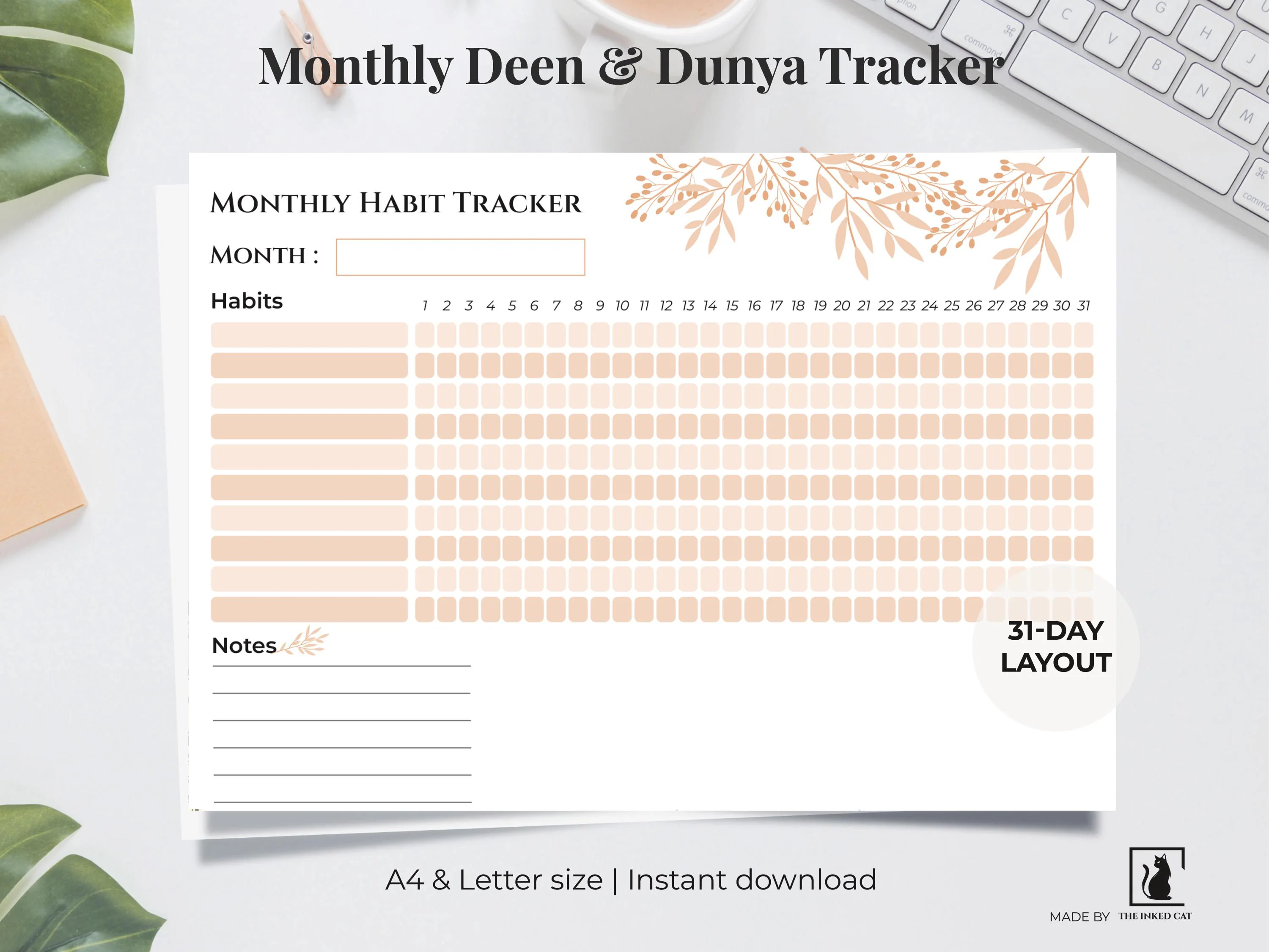 Islamic Habit Tracker Printable - 31 Days of Barakah Monthly Planner - Muslimah Prayer & Deen Routine - Minimalist Spiritual Growth Journal