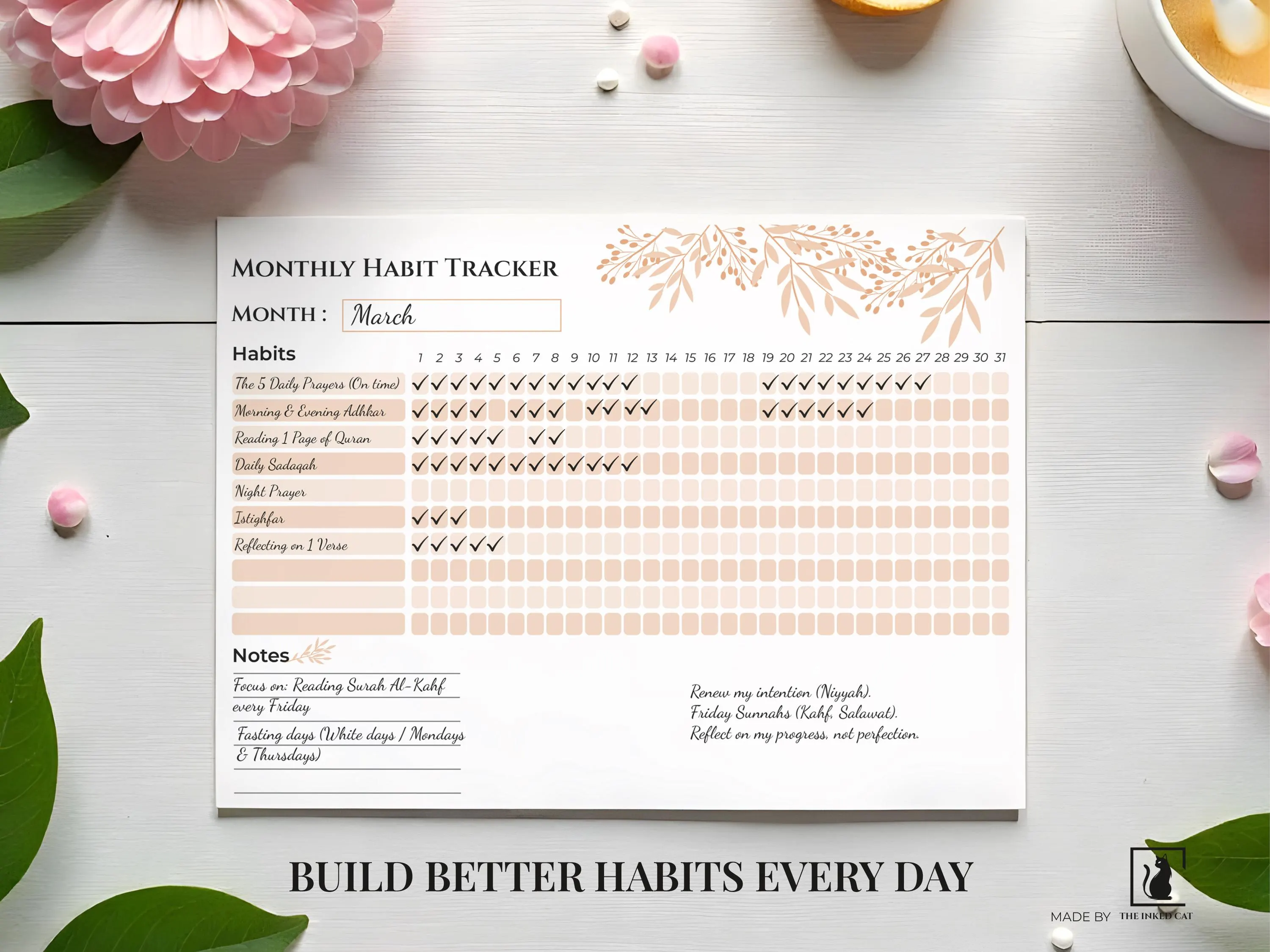 Islamic Habit Tracker Printable - 31 Days of Barakah Monthly Planner - Muslimah Prayer & Deen Routine - Minimalist Spiritual Growth Journal - image 2