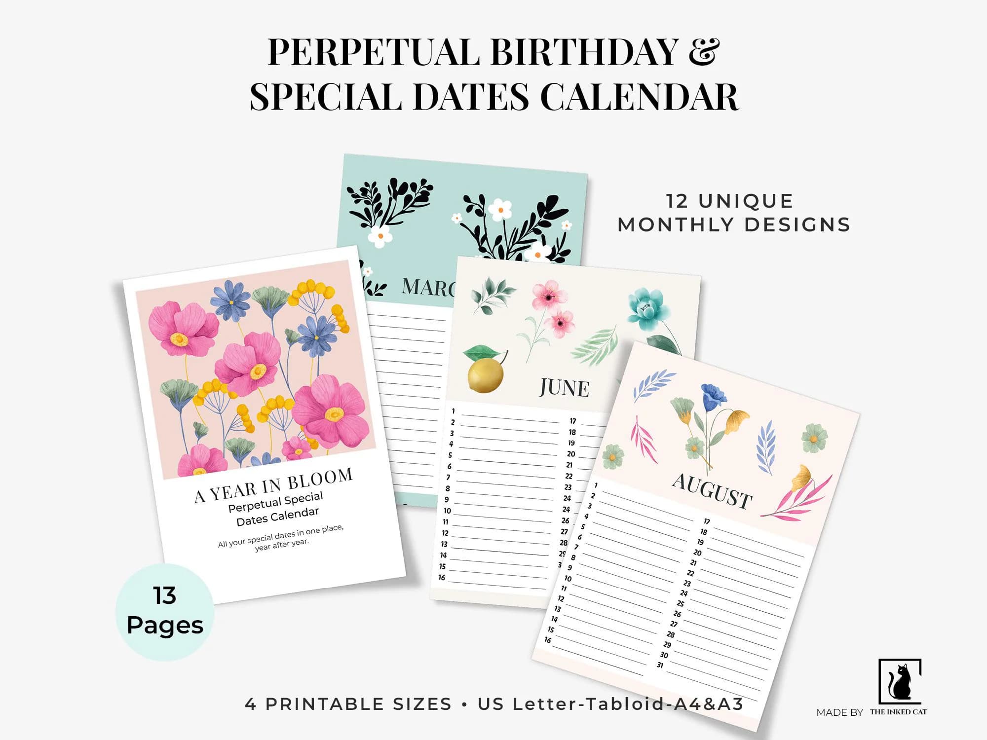 Perpetual Special Dates Calendar Printable | Floral Yearly Reminder | Digital Download - Letter - Tabloid -A4 - A3