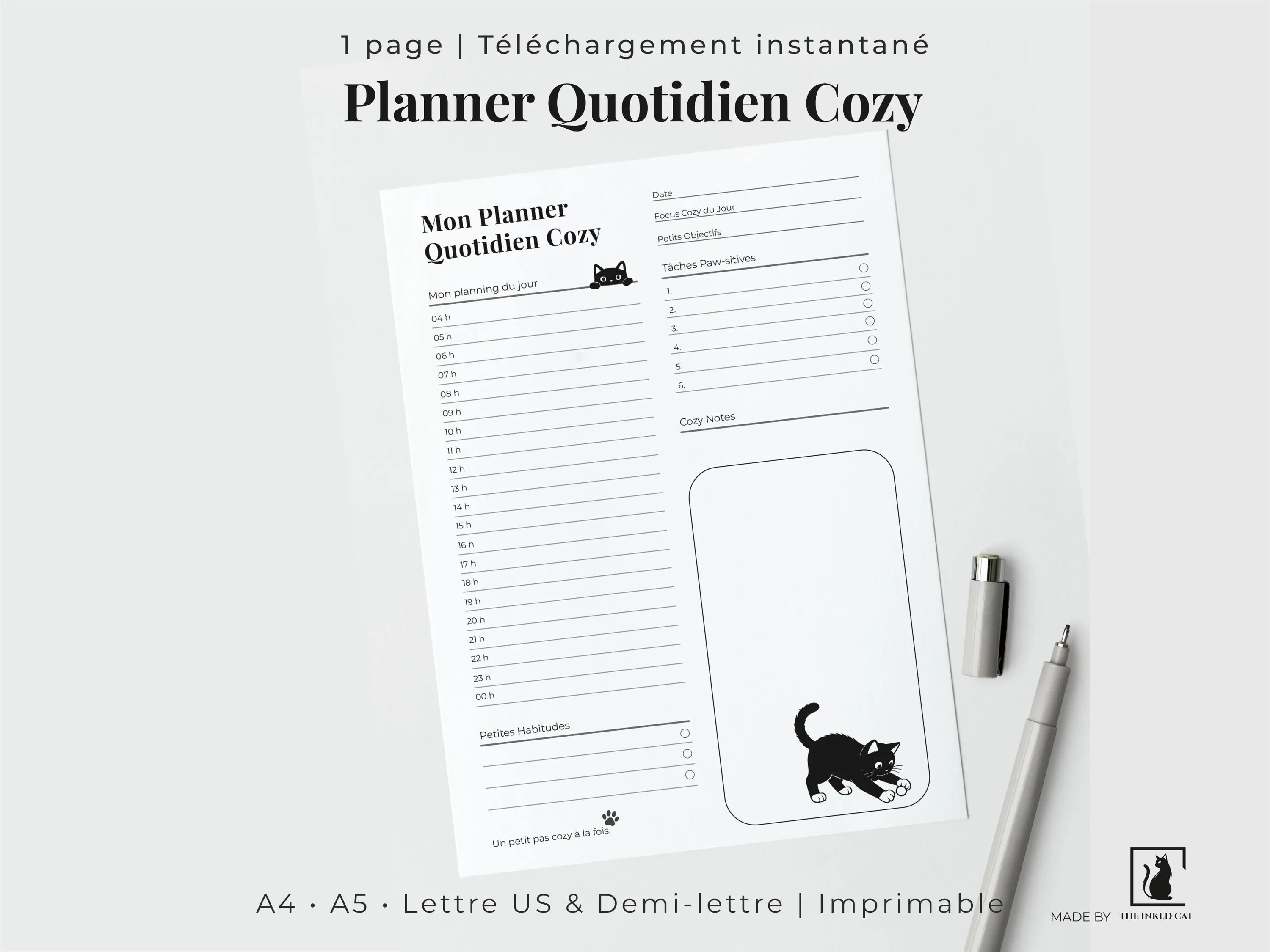 Planner Quotidien Imprimable, Planner Chat Mignon, Liste de Tâches PDF, Organisation Journée, Formats A4 A5 Lettre Demi-lettre