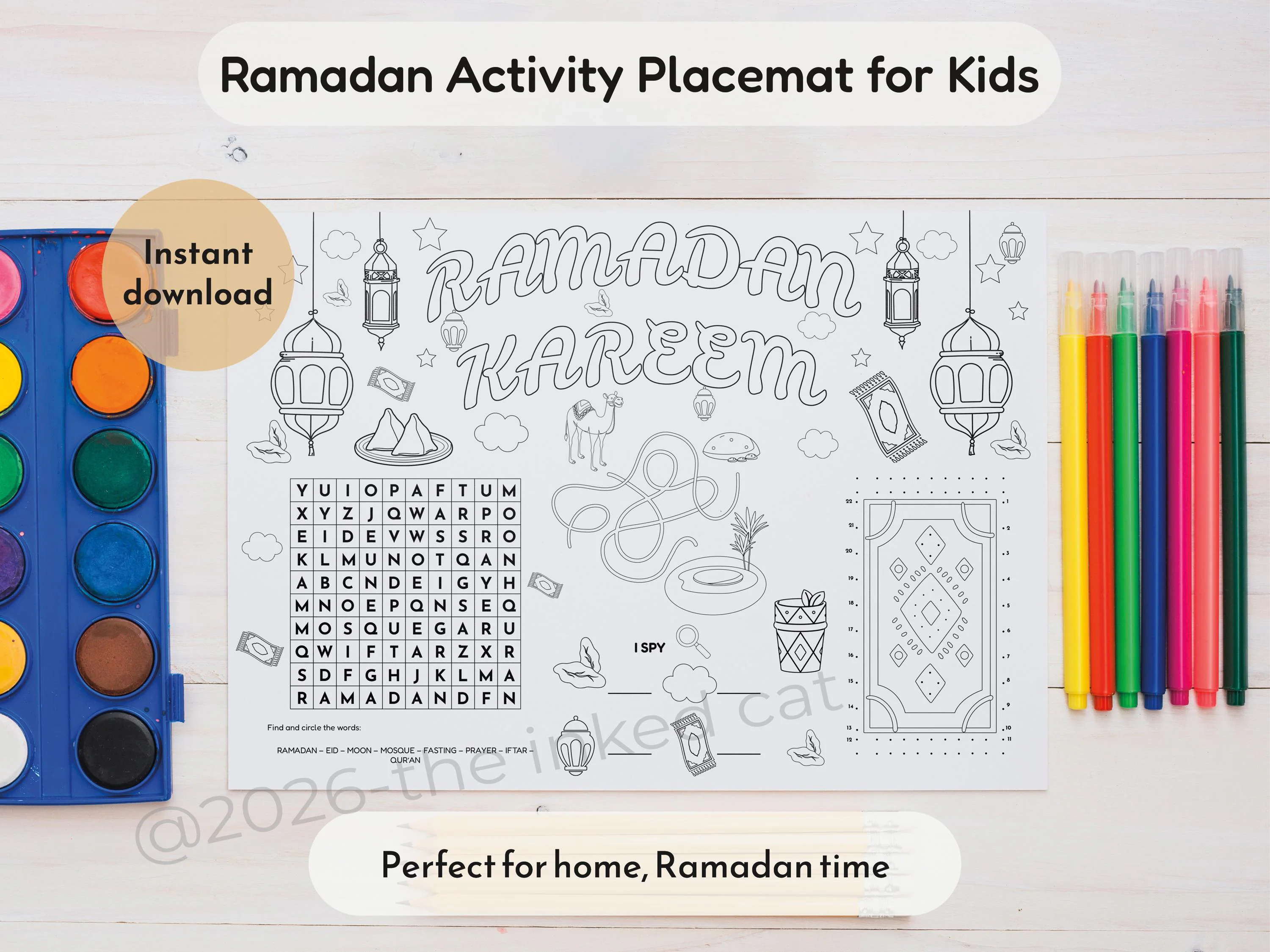 Ramadan Activity Placemat for Kids, Printable Ramadan Coloring Page, Islamic I Spy Game, Muslim Kids Table Decor, A4 Letter Tabloid PDF (En)