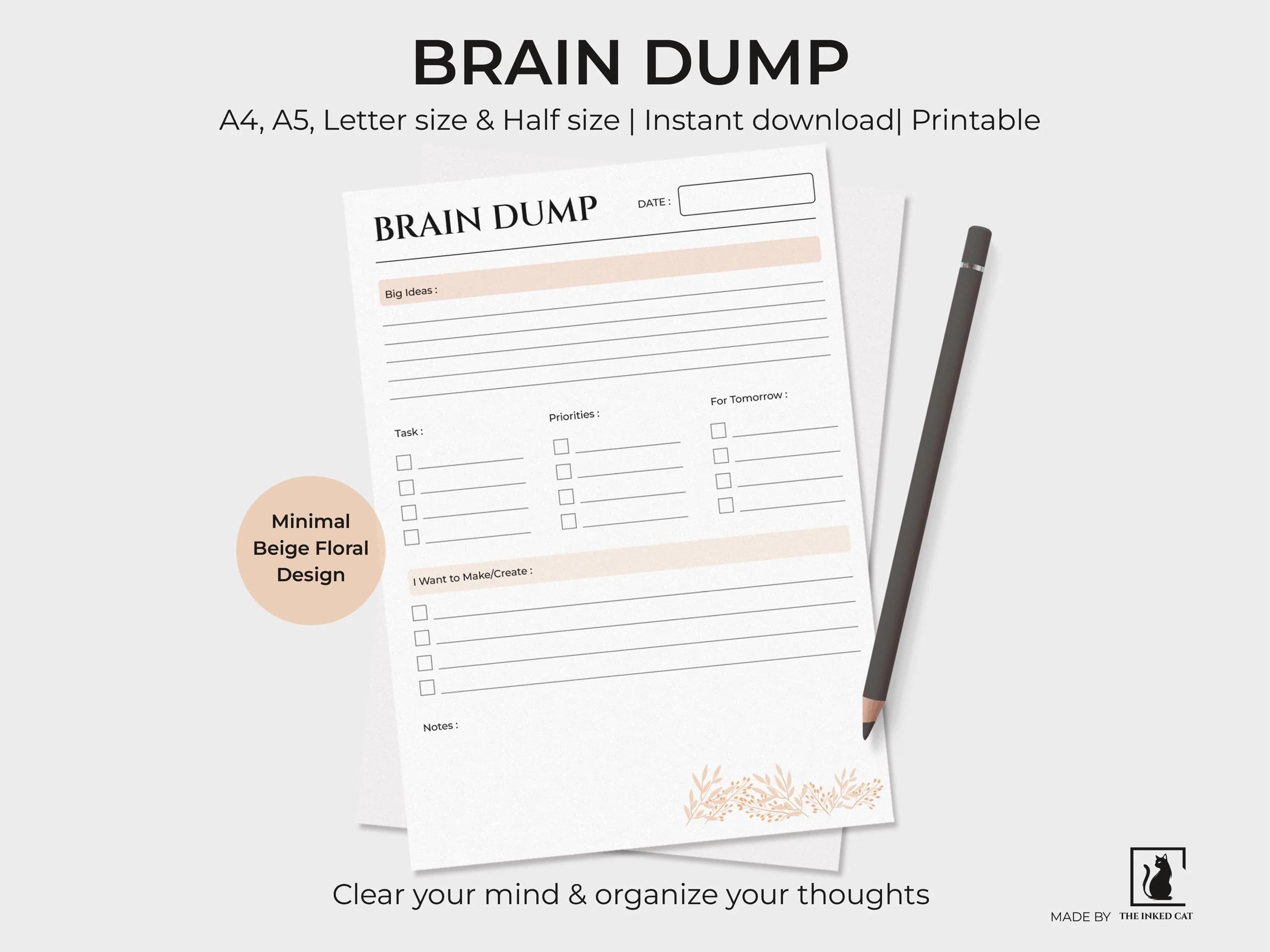 ADHD Brain Dump Printable | Beige Floral Brain Dump | Minimalist Daily Organizer |Task Prioritization Sheet | A4 A5 Letter Half Letter