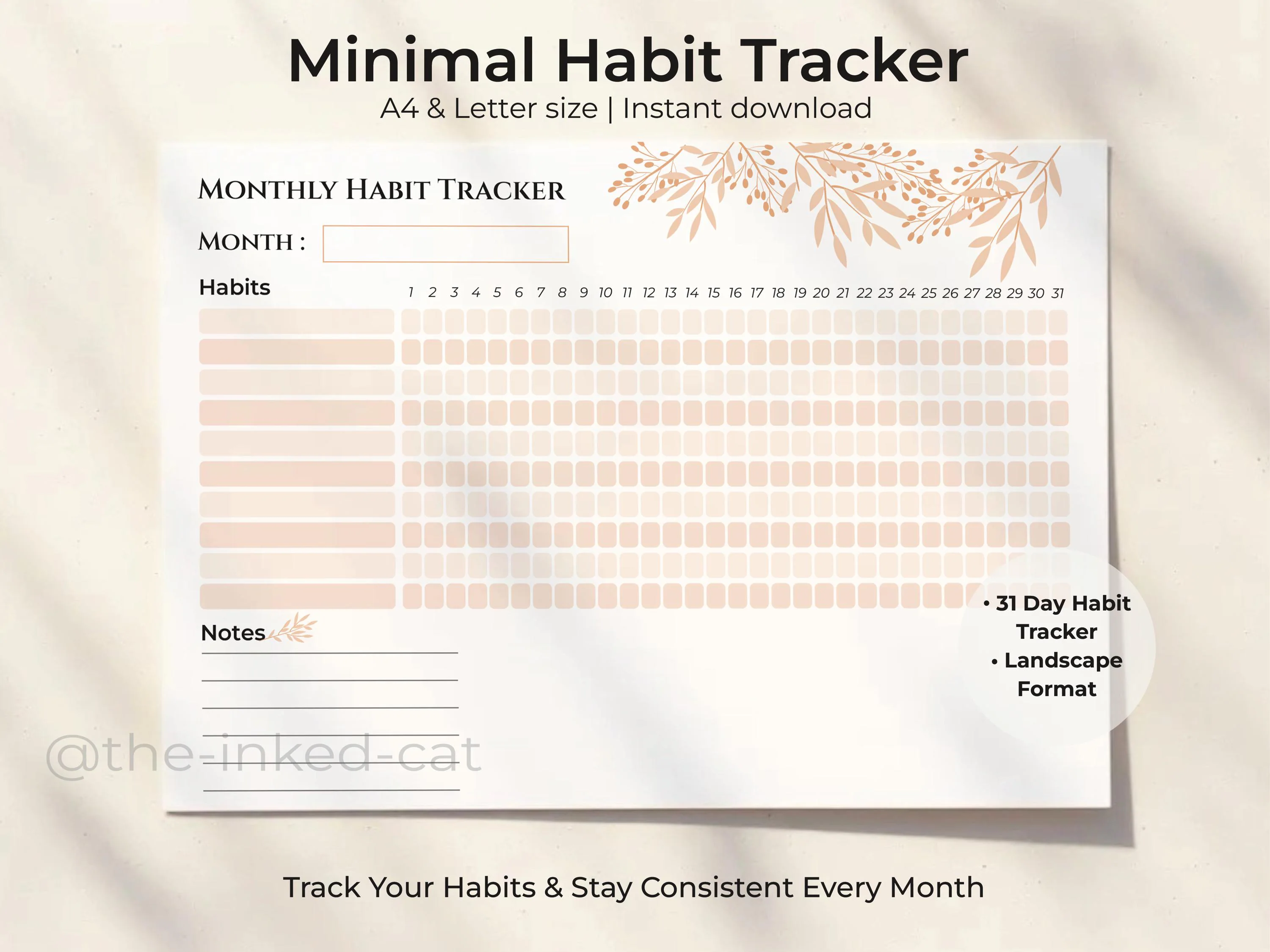 Monthly Beige Floral Habit Tracker Printable Landscape | Habit Tracker Template, Routine Tracker| 31 Day Habit Tracker | A4 / Letter
