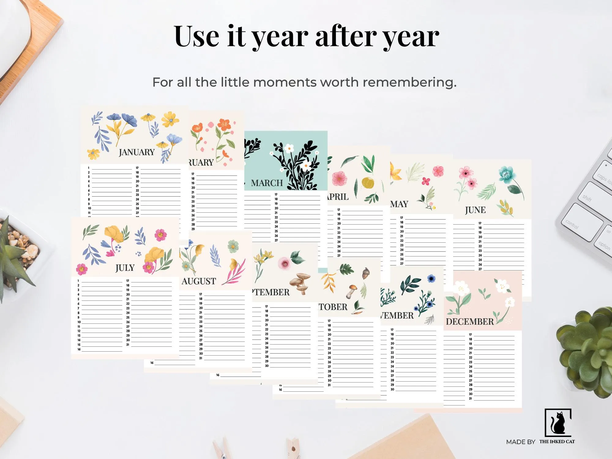 Perpetual Special Dates Calendar Printable | Floral Yearly Reminder | Digital Download - Letter - Tabloid -A4 - A3 - image 5