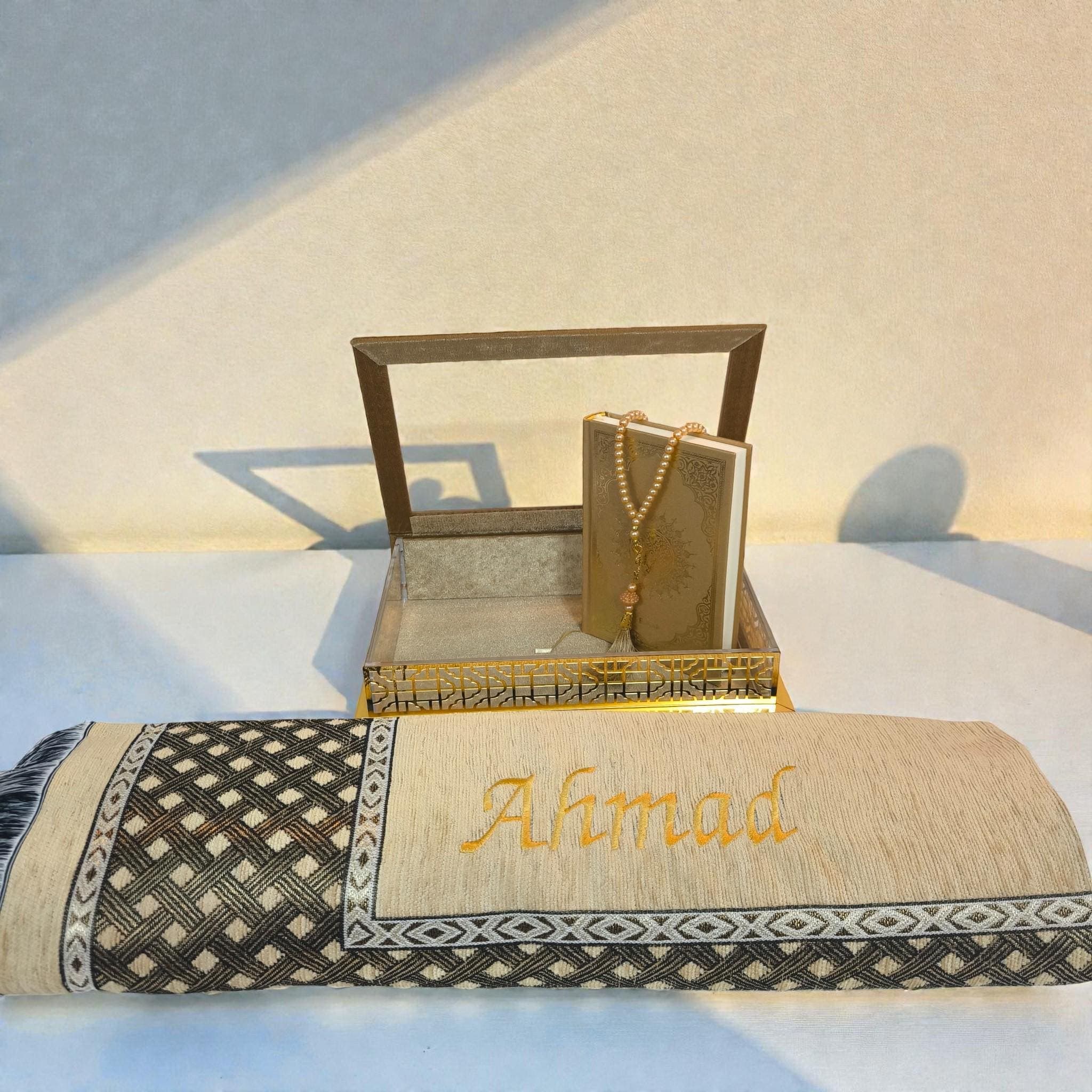 Personalized Islamic Prayer Mat Gift Set | Custom Quran, Tasbih,Gold color
