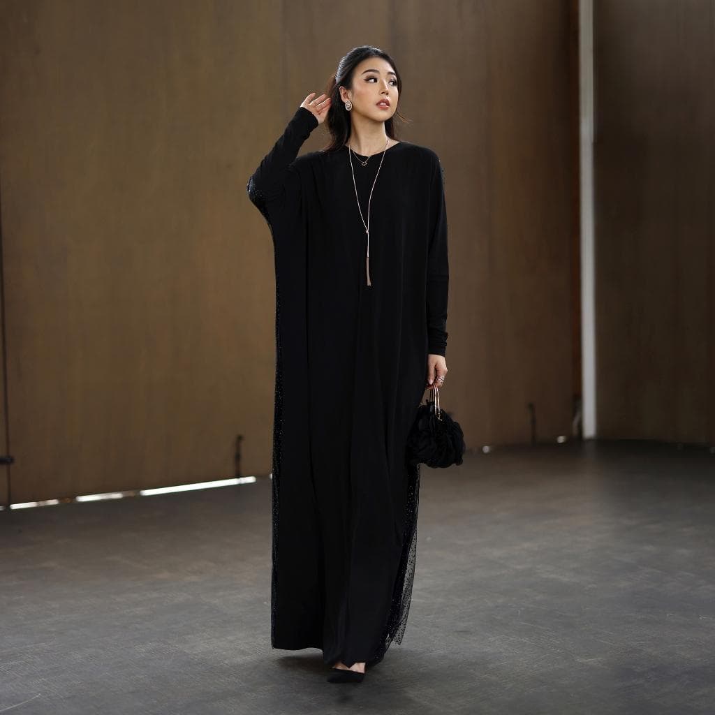 Amira Batwing Kaftan Dress, Luxury Modest Maxi, Viscose Tulle Detail, Elegant Eid Wear