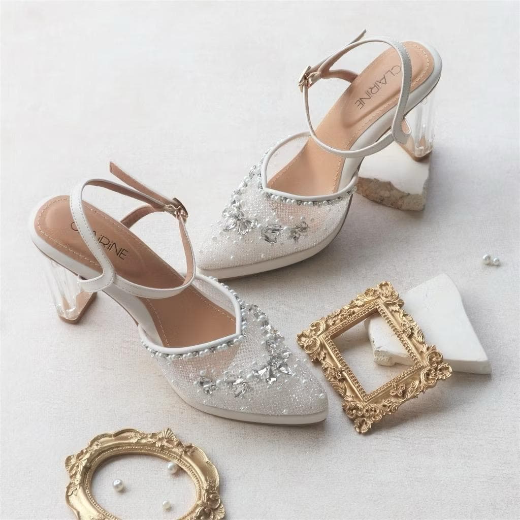 Saila White Gliter Chunky Heels – Vintage 10cm Wedding Sandals, Party Shoes - image 4