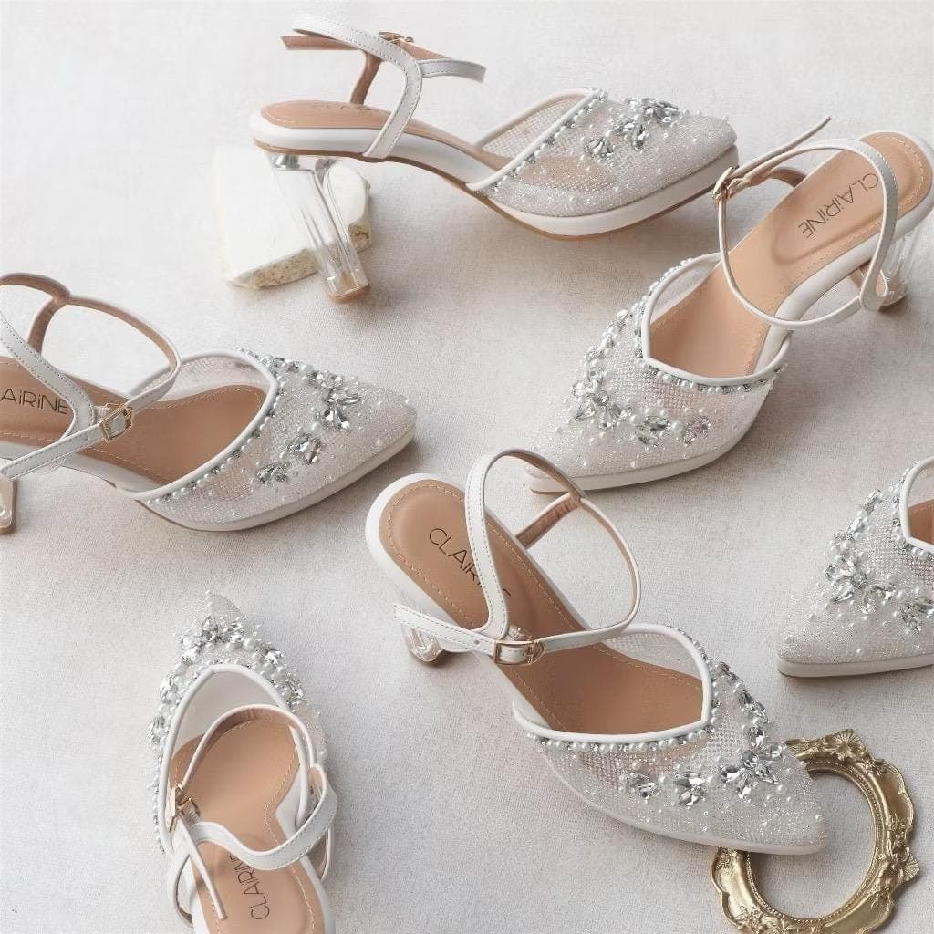 Saila White Gliter Chunky Heels – Vintage 10cm Wedding Sandals, Party Shoes
