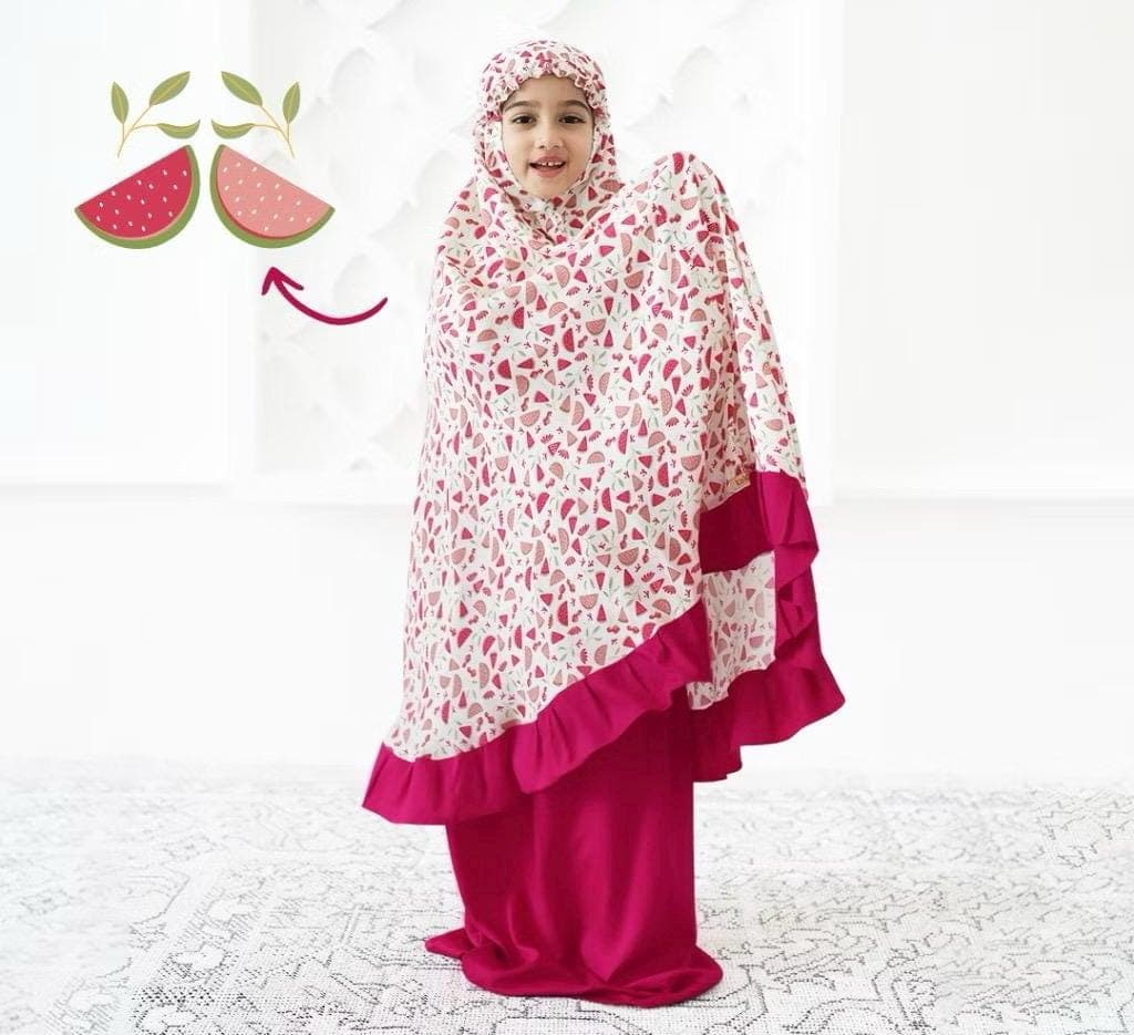 Kids Mukena Prayer Outfit – Watermelon Pattern, 100% Natural Rayon, Lightweight Breathable Dress