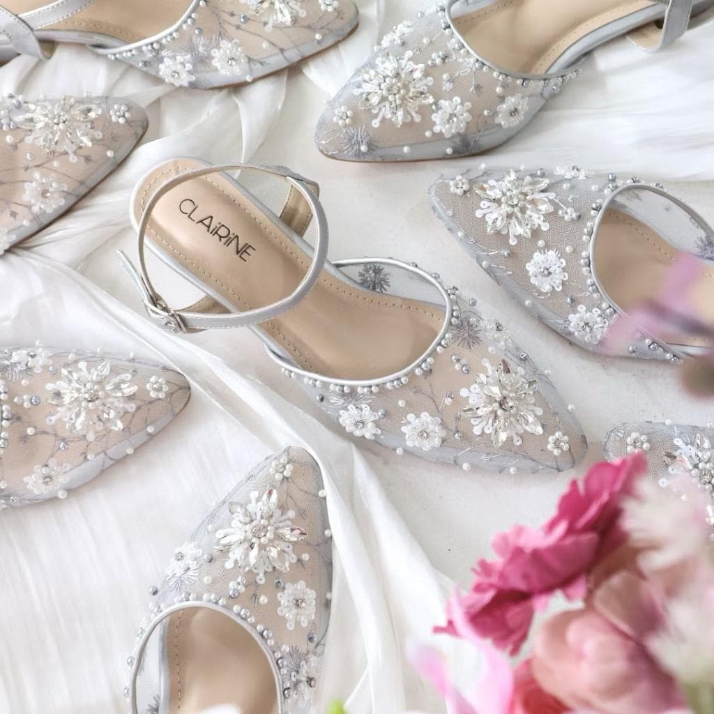 Elegant Silver Pointed Toe Kitten Heels, The Jasmine Edition Bridal Shoes, Beaded Heels 3cm - image 5