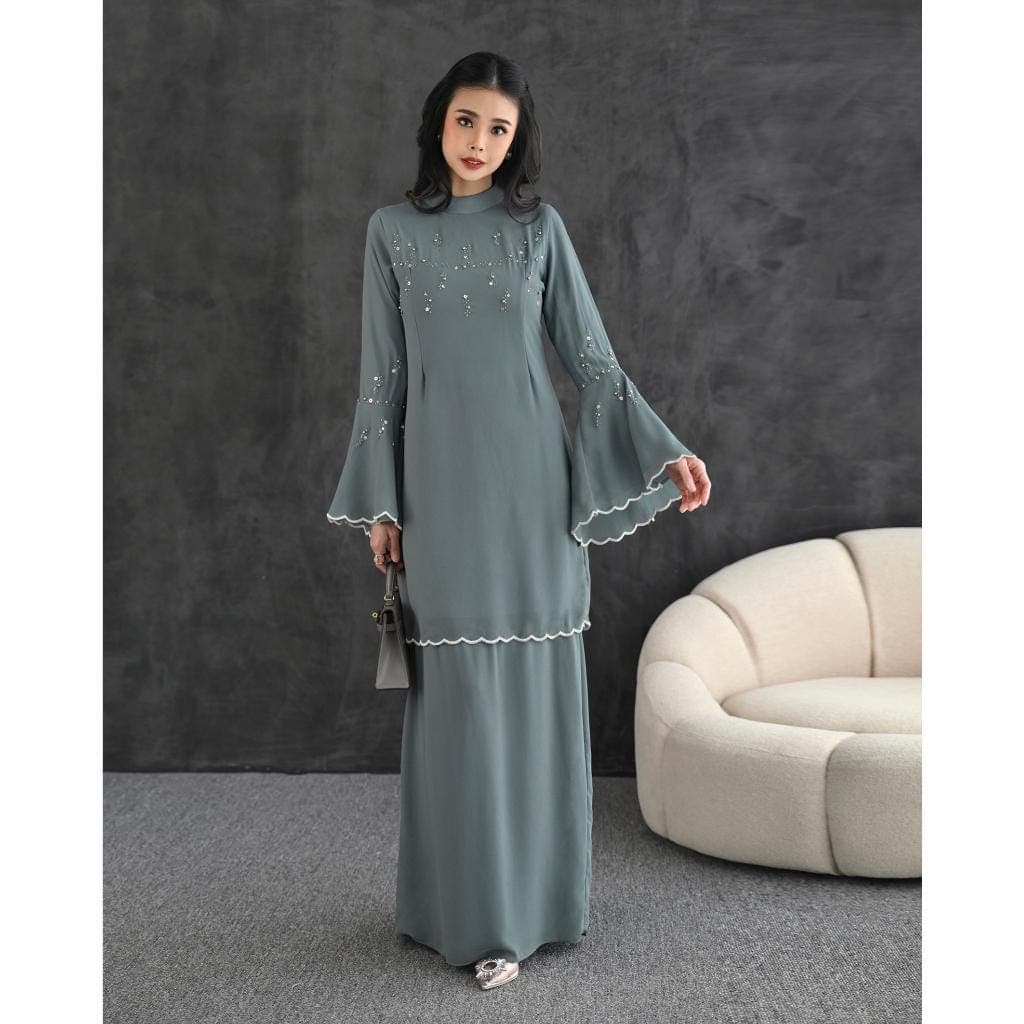 Elegant Ceruty Maxi Dress, Embroidered Sequins, Malay Inspired Gown, Baju Kurung - image 3