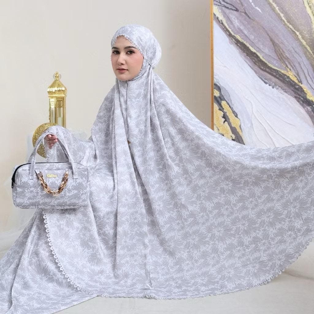 Floral Santorini Silk Mukena, Mom and Kids 2-in-1 Prayer Dress, Laser-Cut Detail, Travel Set - image 4
