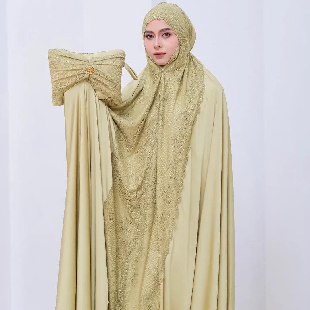 Armani Silk Prayer Robe, One-Piece Hijab Dress with Lace, Matching Pouch - image 3