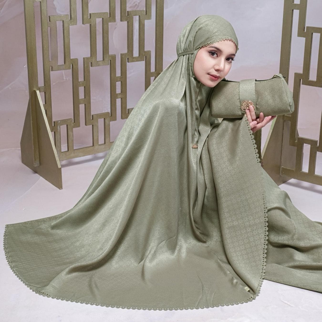Luxury Textured Silk Prayer Set with Laser Cut & Elegant Clutch Bag , Mukena Handmade Indonesia - image 5