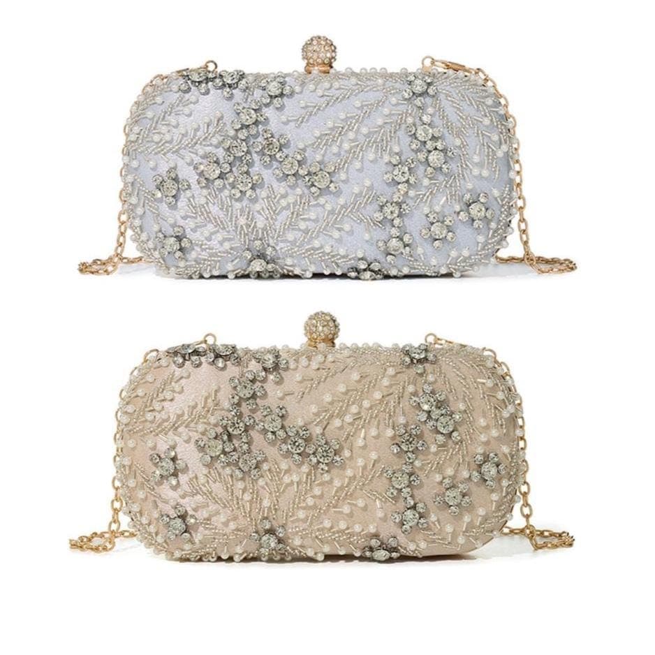 Crystal Pearl Floral Clutch Bag, Elegant Evening Handbag with Chain