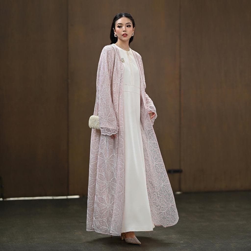 Lace Embroidered Abaya Set – Semi Satin Inner Dress, Modest Formal Muslim Wear - image 3