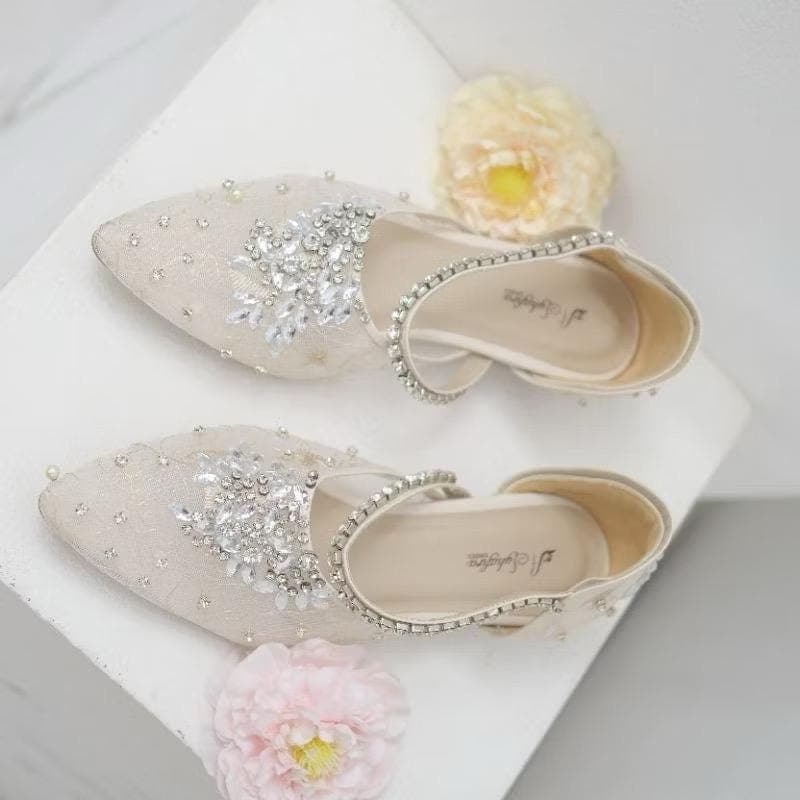 Lace Wedding Custom Heels – Pearl Crystal Embellished Pointed Toe Slingback Bridal Shoes - image 5