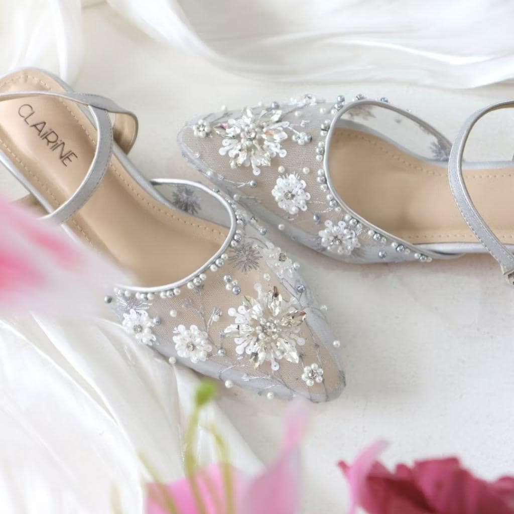 Elegant Silver Pointed Toe Kitten Heels, The Jasmine Edition Bridal Shoes, Beaded Heels 3cm - image 3