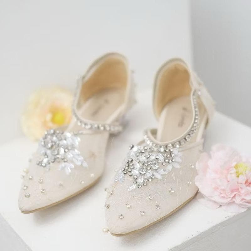 Lace Wedding Custom Heels – Pearl Crystal Embellished Pointed Toe Slingback Bridal Shoes - image 3