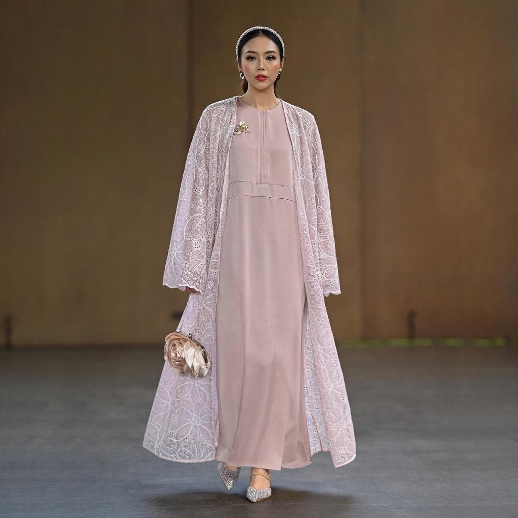 Lace Embroidered Abaya Set – Semi Satin Inner Dress, Modest Formal Muslim Wear - image 4