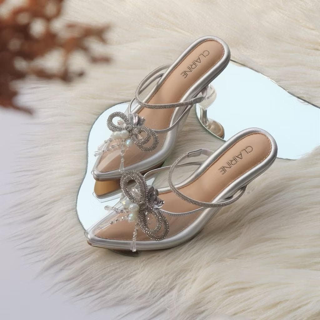 Clear Heel Wedding Sandals – Pointed Toe Bridal Heels, 7cm Transparent Heel, Silver White Shoes - image 5