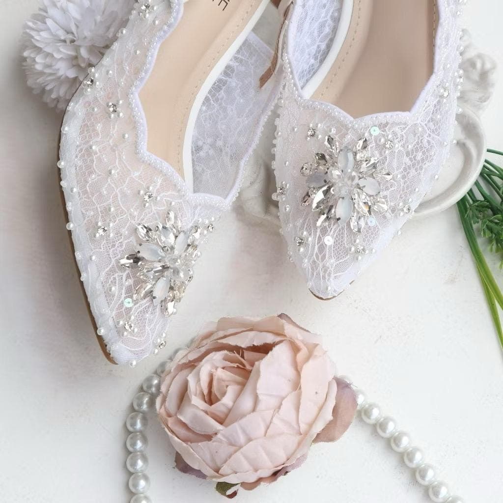 Visty Lace Slide Heels – 7cm Pointed Toe Wedding Sandals in White, Ivory, Rose Gold - image 4