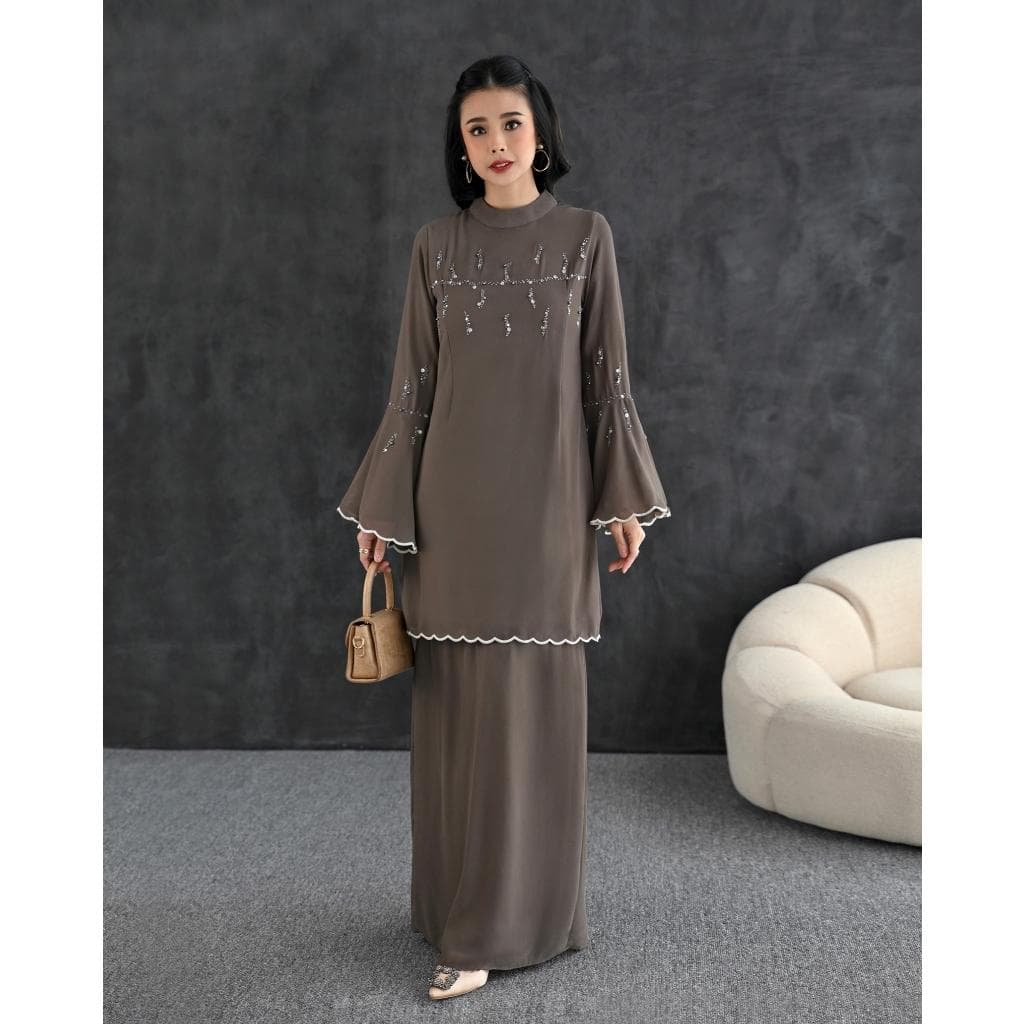 Elegant Ceruty Maxi Dress, Embroidered Sequins, Malay Inspired Gown, Baju Kurung