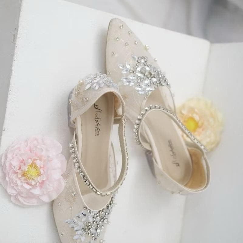 Lace Wedding Custom Heels – Pearl Crystal Embellished Pointed Toe Slingback Bridal Shoes - image 4